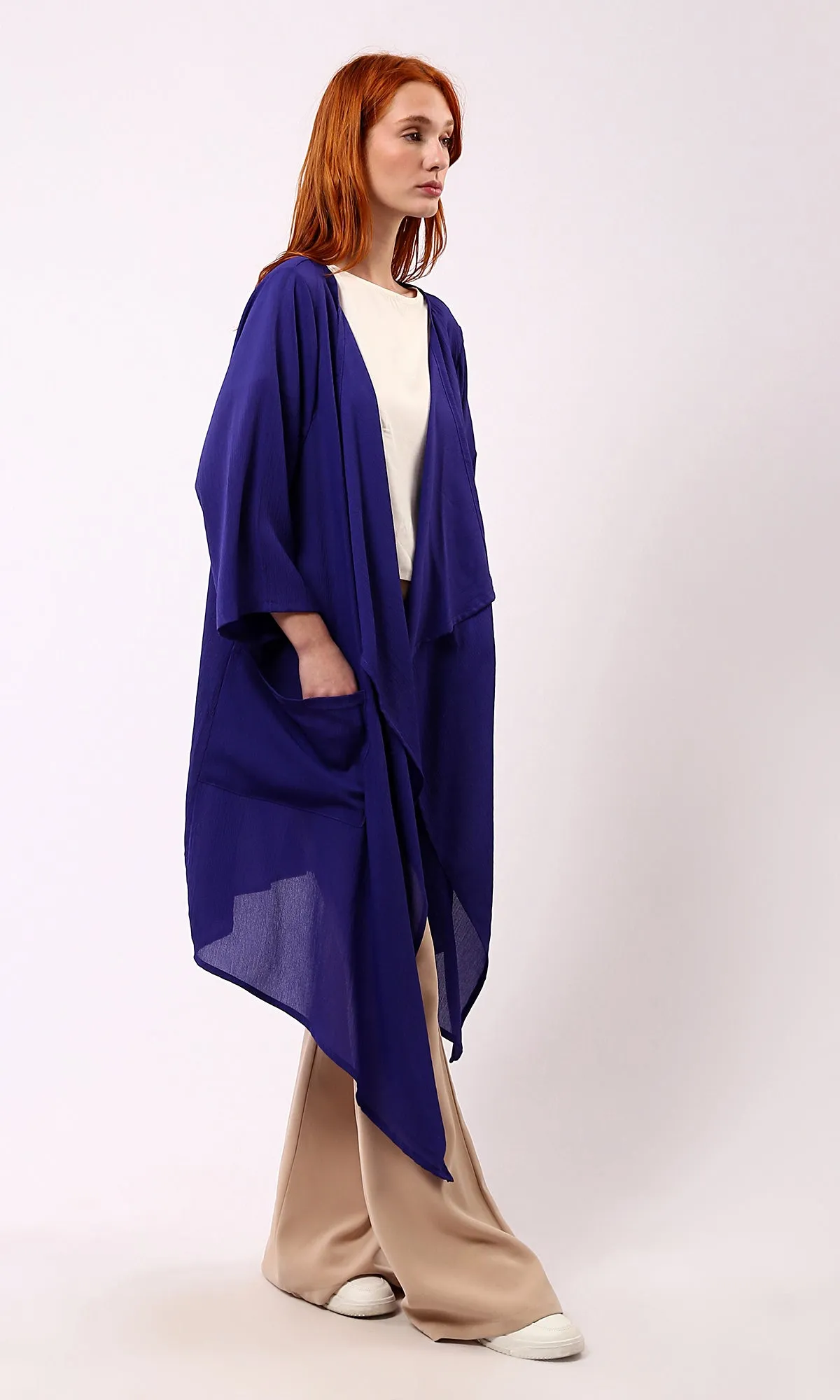 O188297 Dark Blue Solid Slip On Loose Cardigan