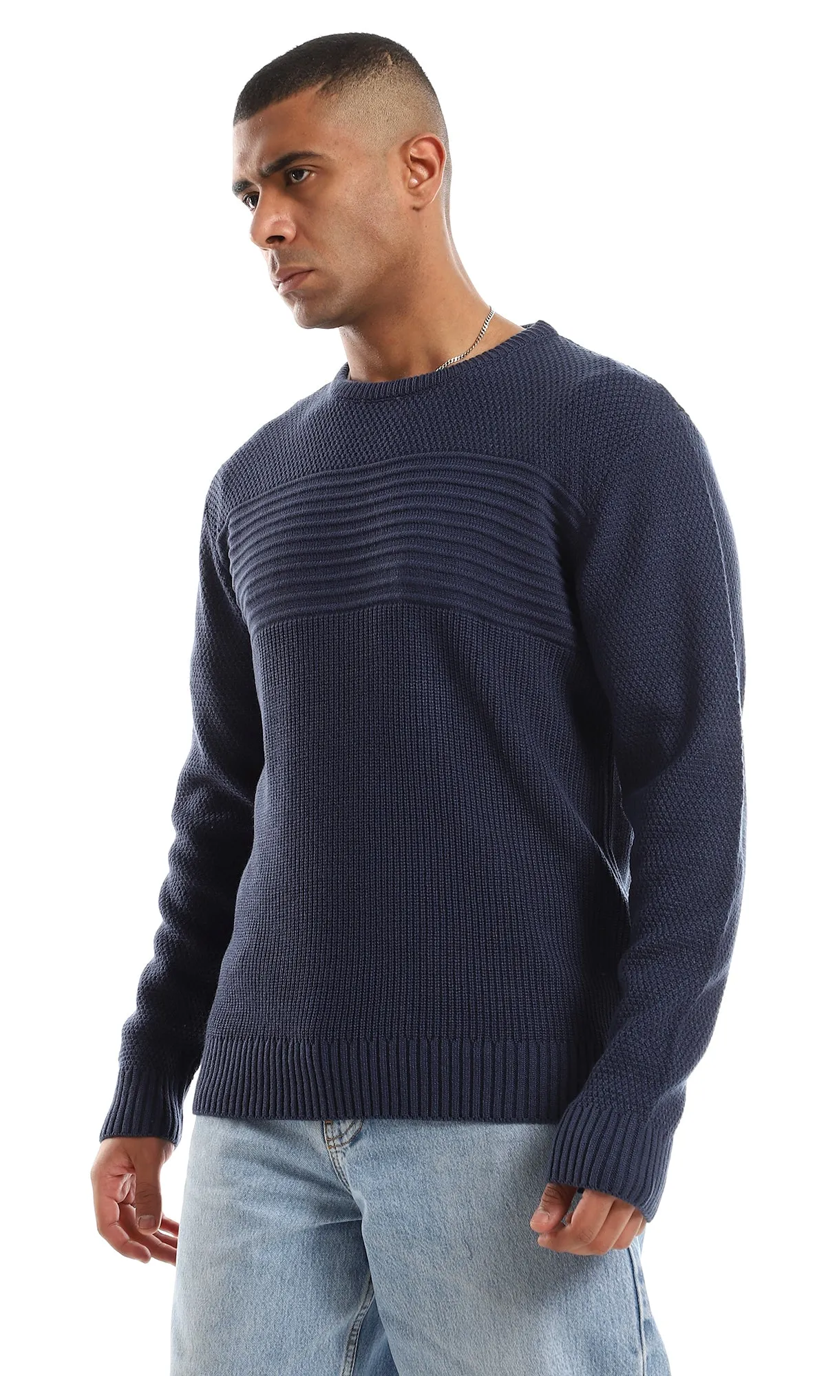 O161328 Round Neck Knitted Long Sleeves Petroleum Pullover