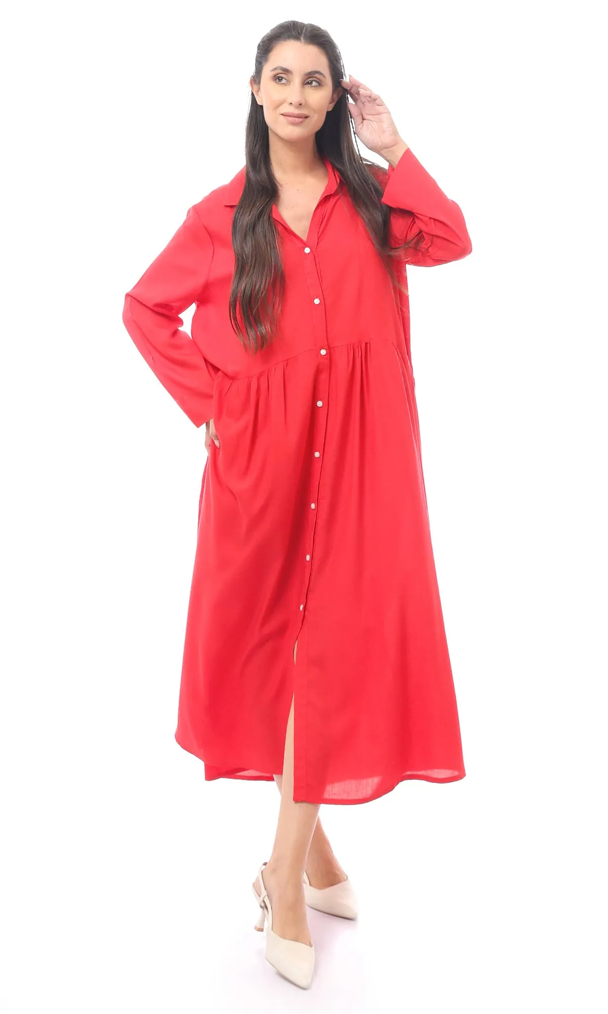 O165305 Knitted Buttoned Red Casual Dress