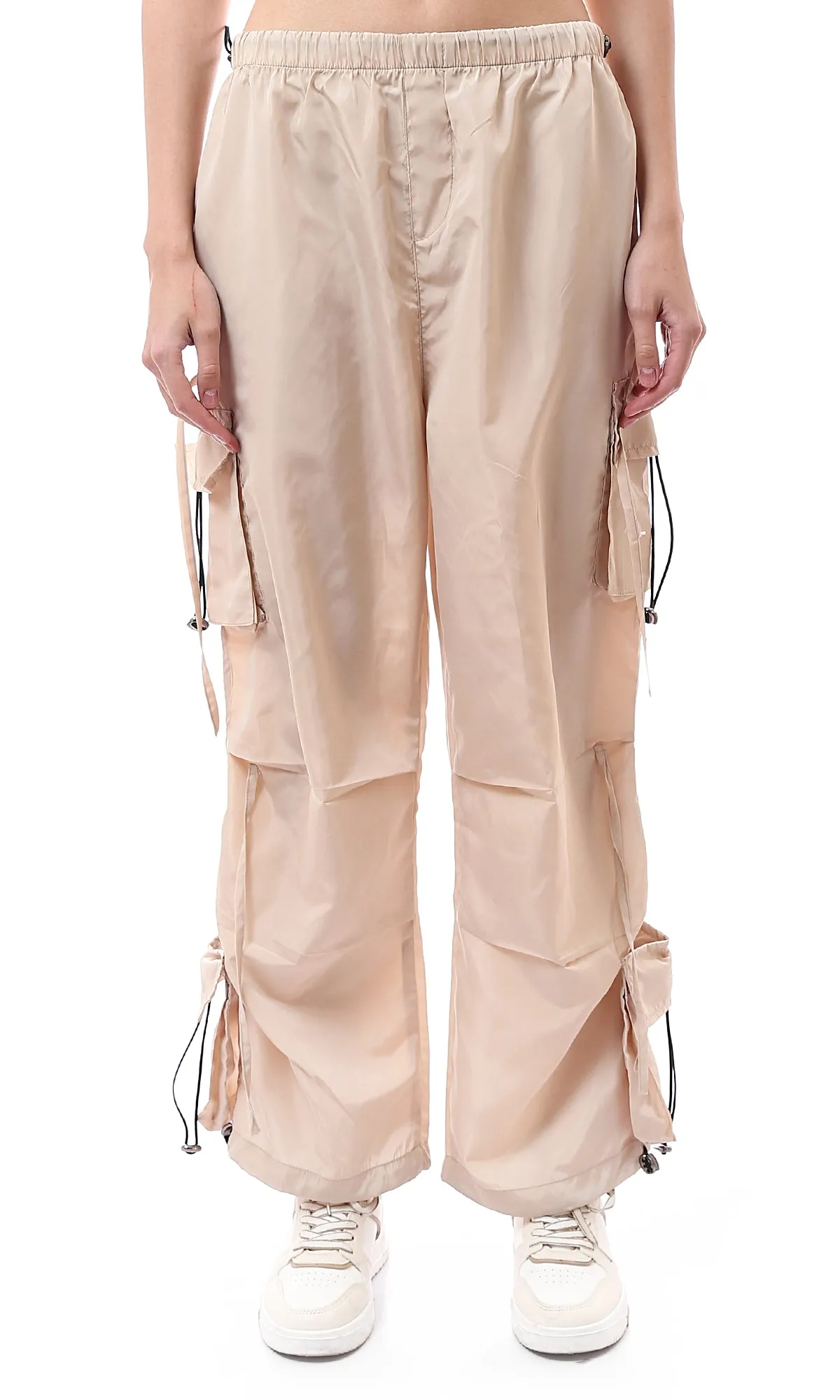 O174049 Beige Waterproof Cargo Pants With Patched Pockets