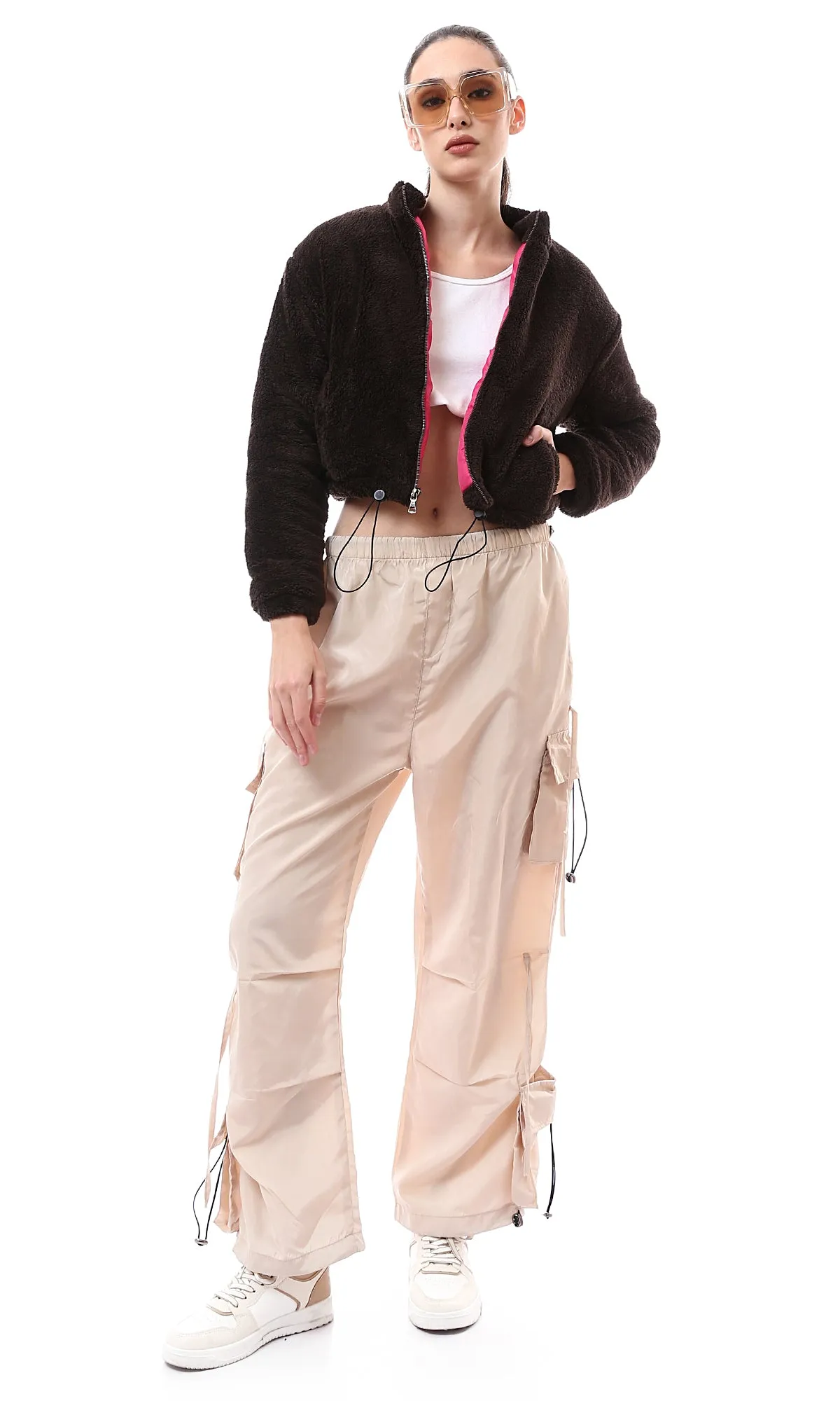 O174049 Beige Waterproof Cargo Pants With Patched Pockets