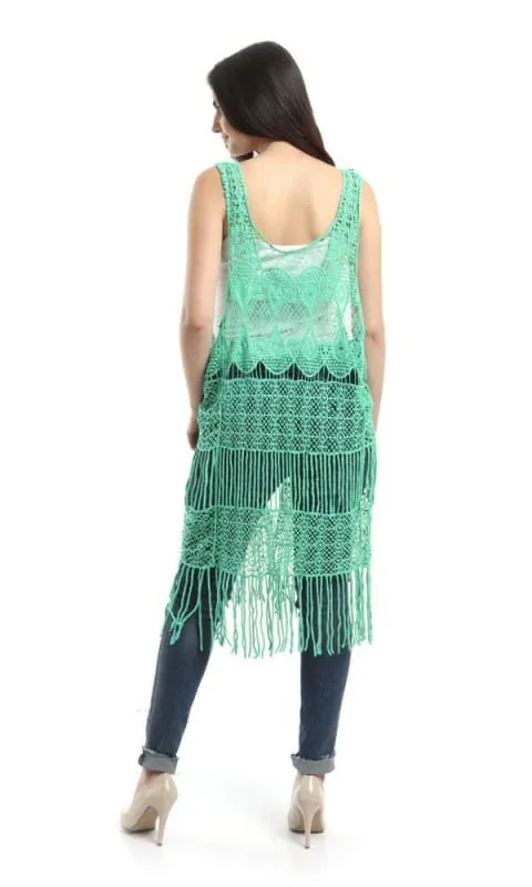 48478 Fringes Crochet Solid Vest - Light Green