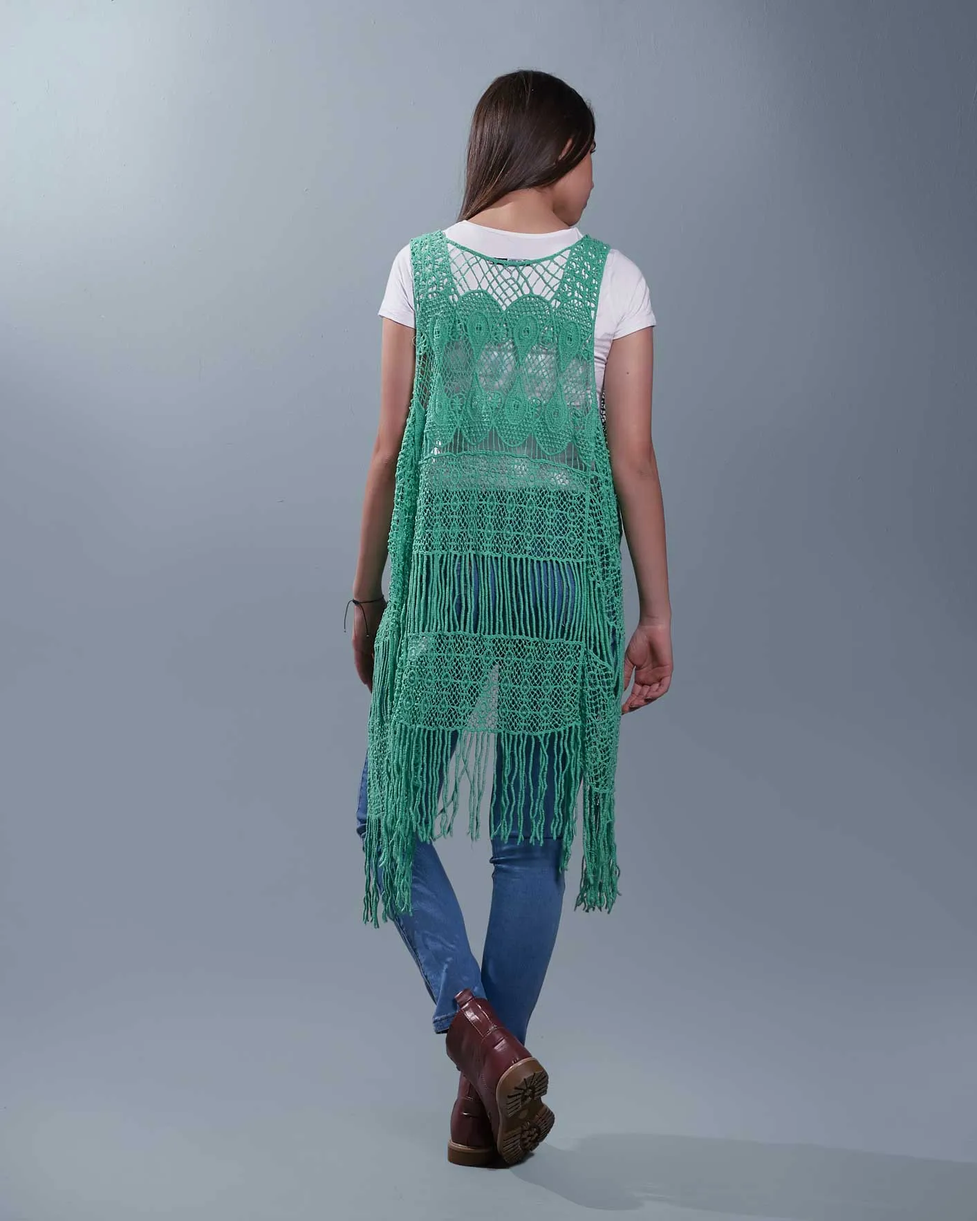 48478 Fringes Crochet Solid Vest - Light Green