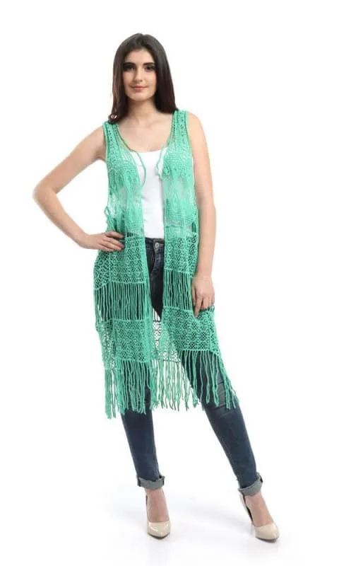 48478 Fringes Crochet Solid Vest - Light Green