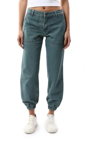 O177965 Solid Mom-Fit Greenish Blue Casual Jeans