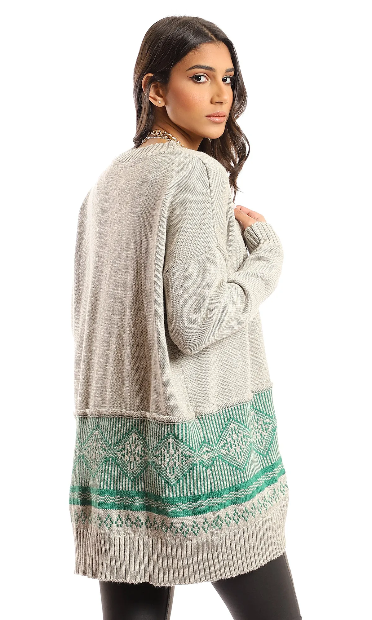 51610 Knitted Bi-Tone Open Neckline Cardigan - Beige & Green