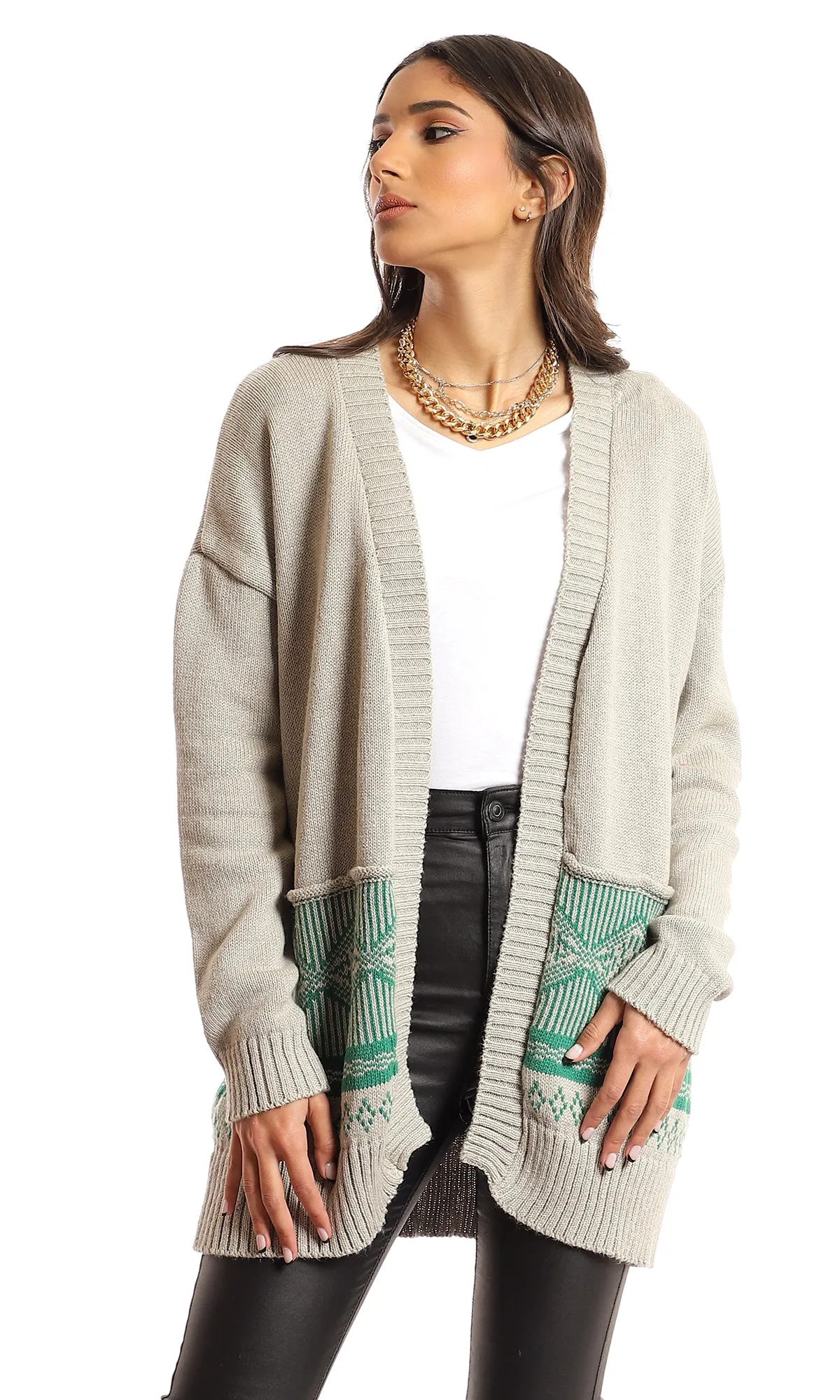 51610 Knitted Bi-Tone Open Neckline Cardigan - Beige & Green