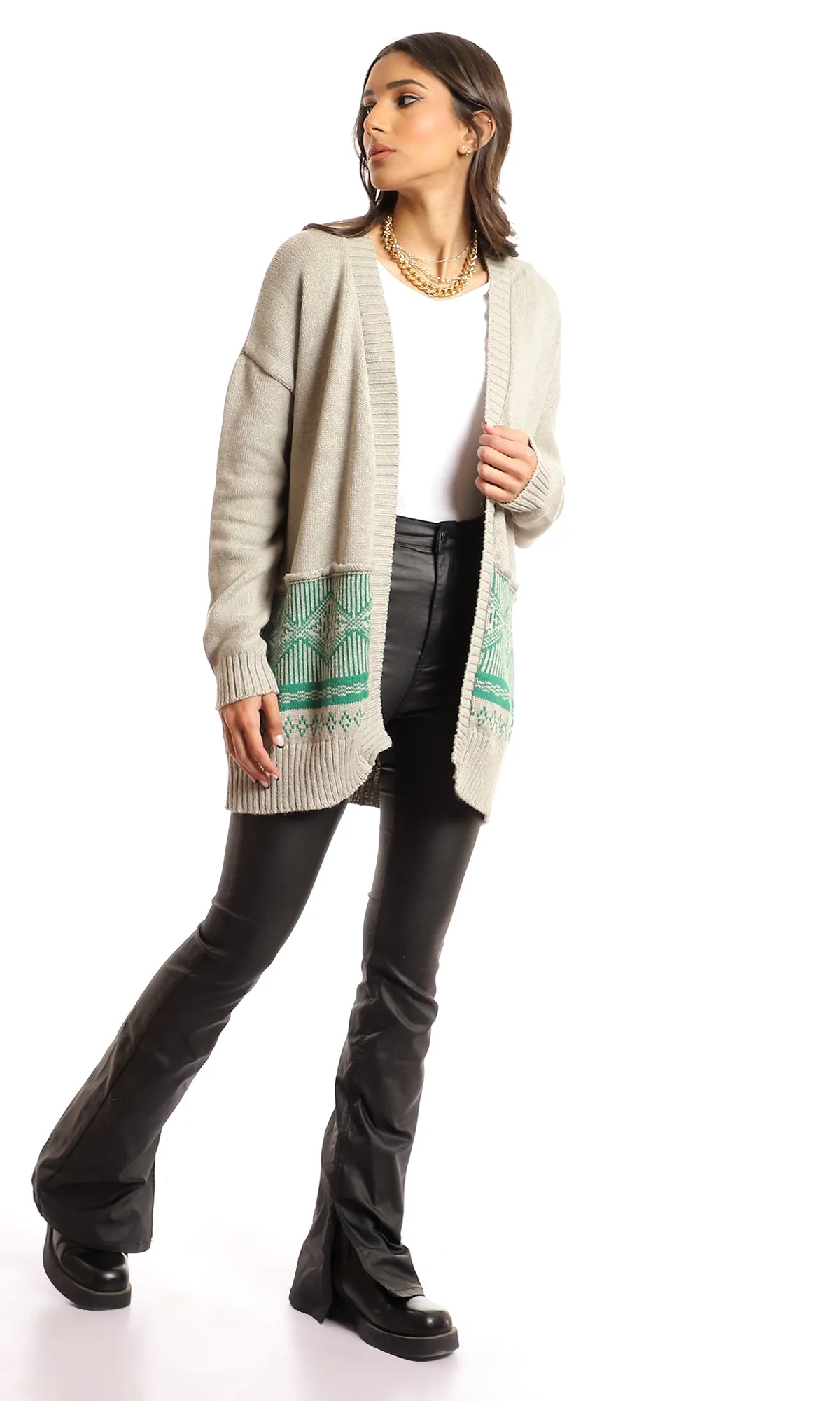 51610 Knitted Bi-Tone Open Neckline Cardigan - Beige & Green