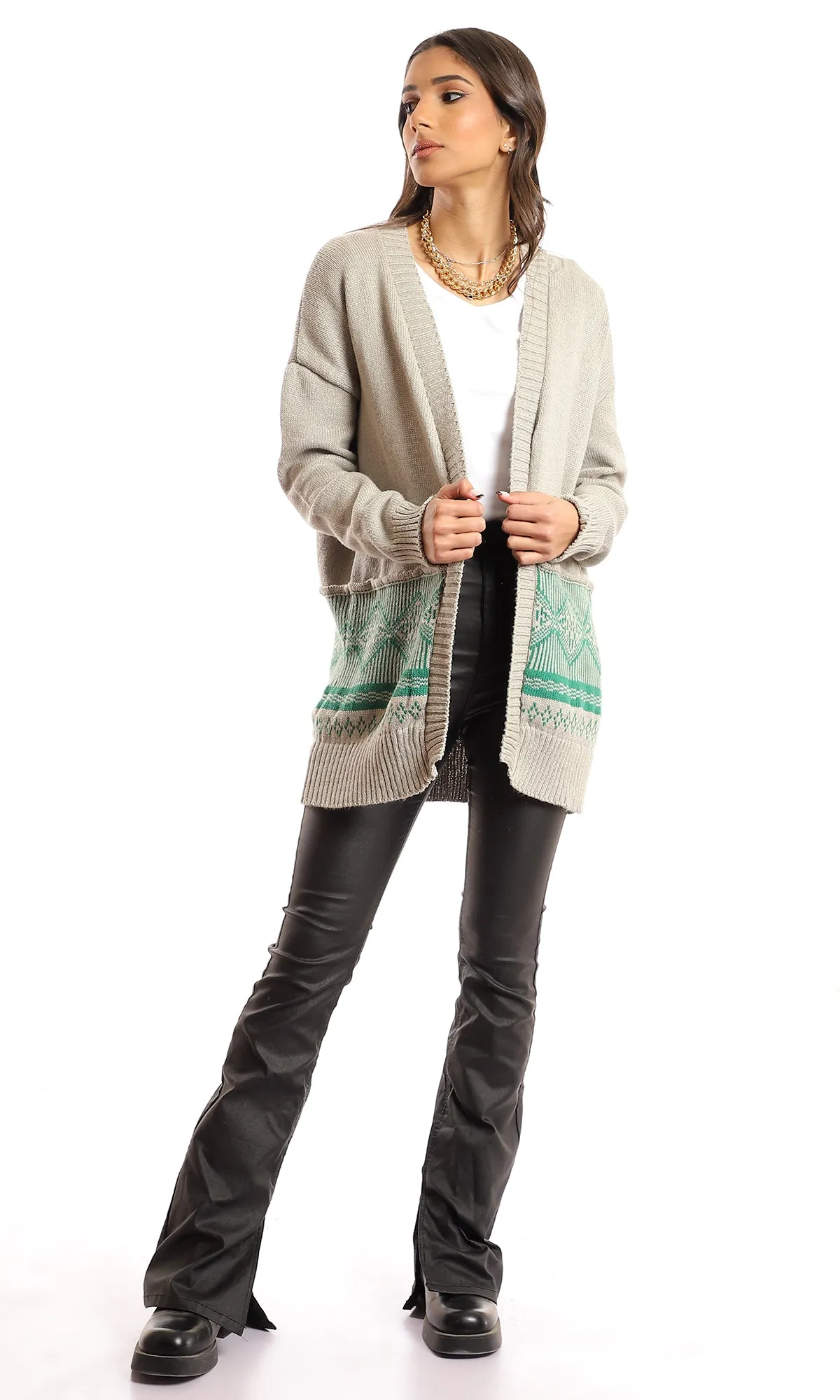 51610 Knitted Bi-Tone Open Neckline Cardigan - Beige & Green