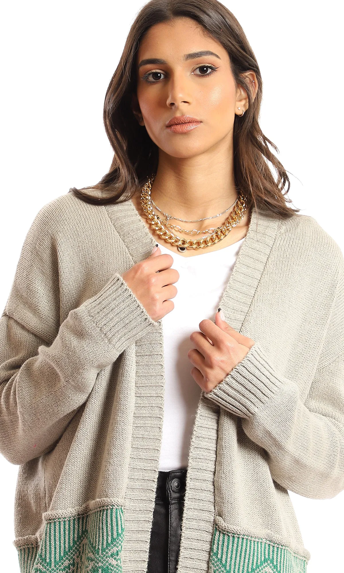 51610 Knitted Bi-Tone Open Neckline Cardigan - Beige & Green