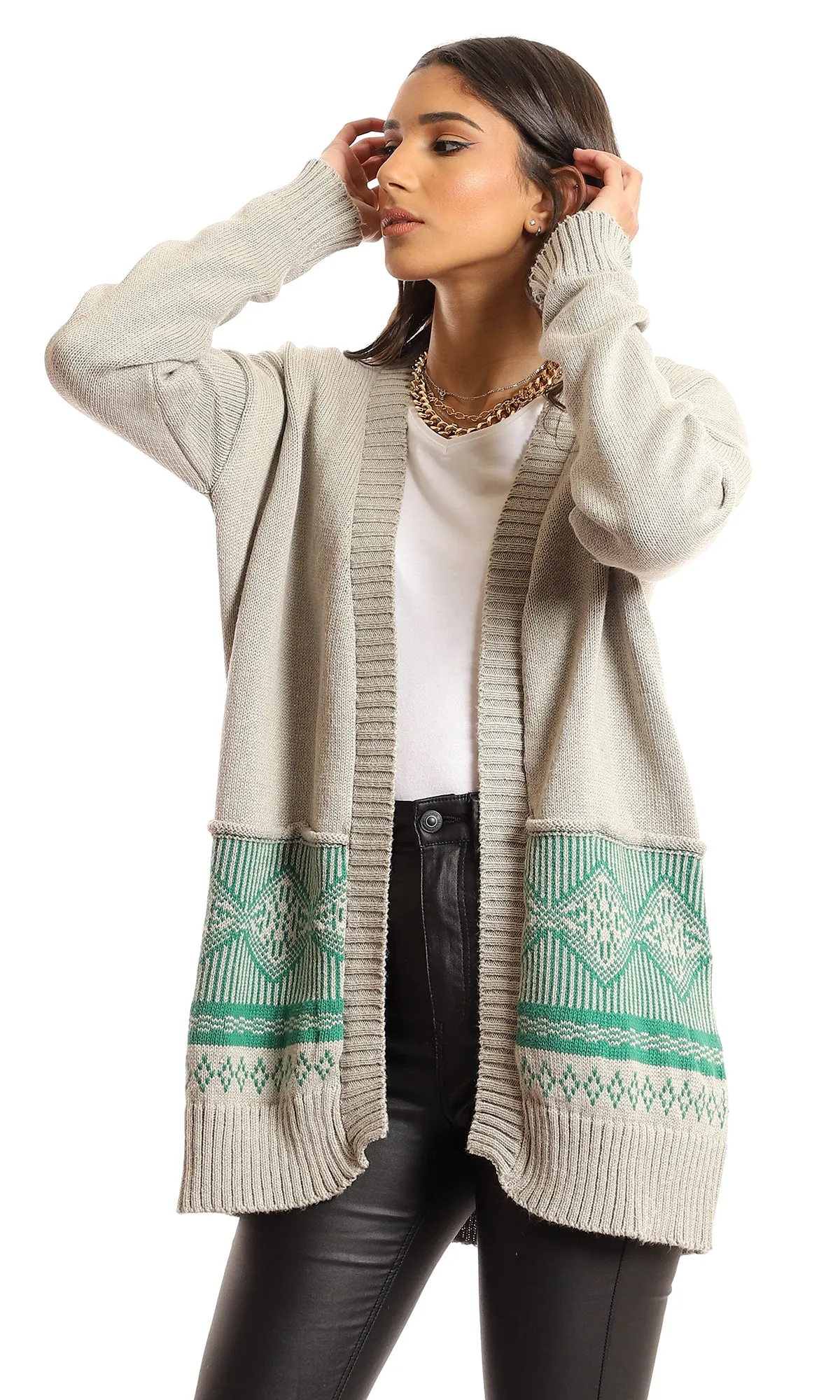 51610 Knitted Bi-Tone Open Neckline Cardigan - Beige & Green