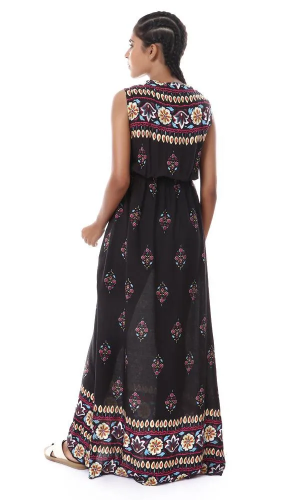 57625 Casual Patterned Sleeveless Black Maxi Dress