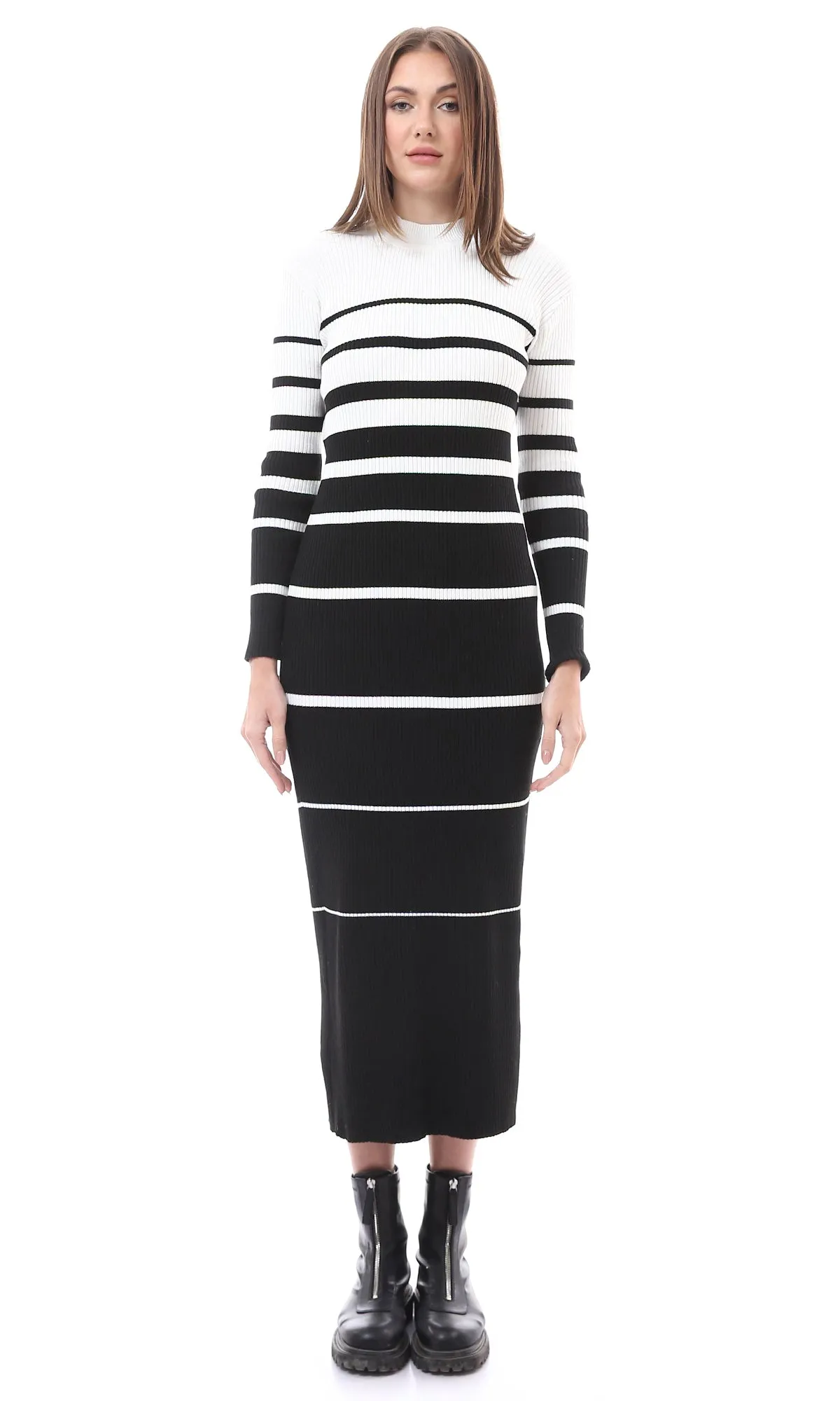 O174521 Unbalanced Bi-Tone Stripes Black & White Maxi Dress