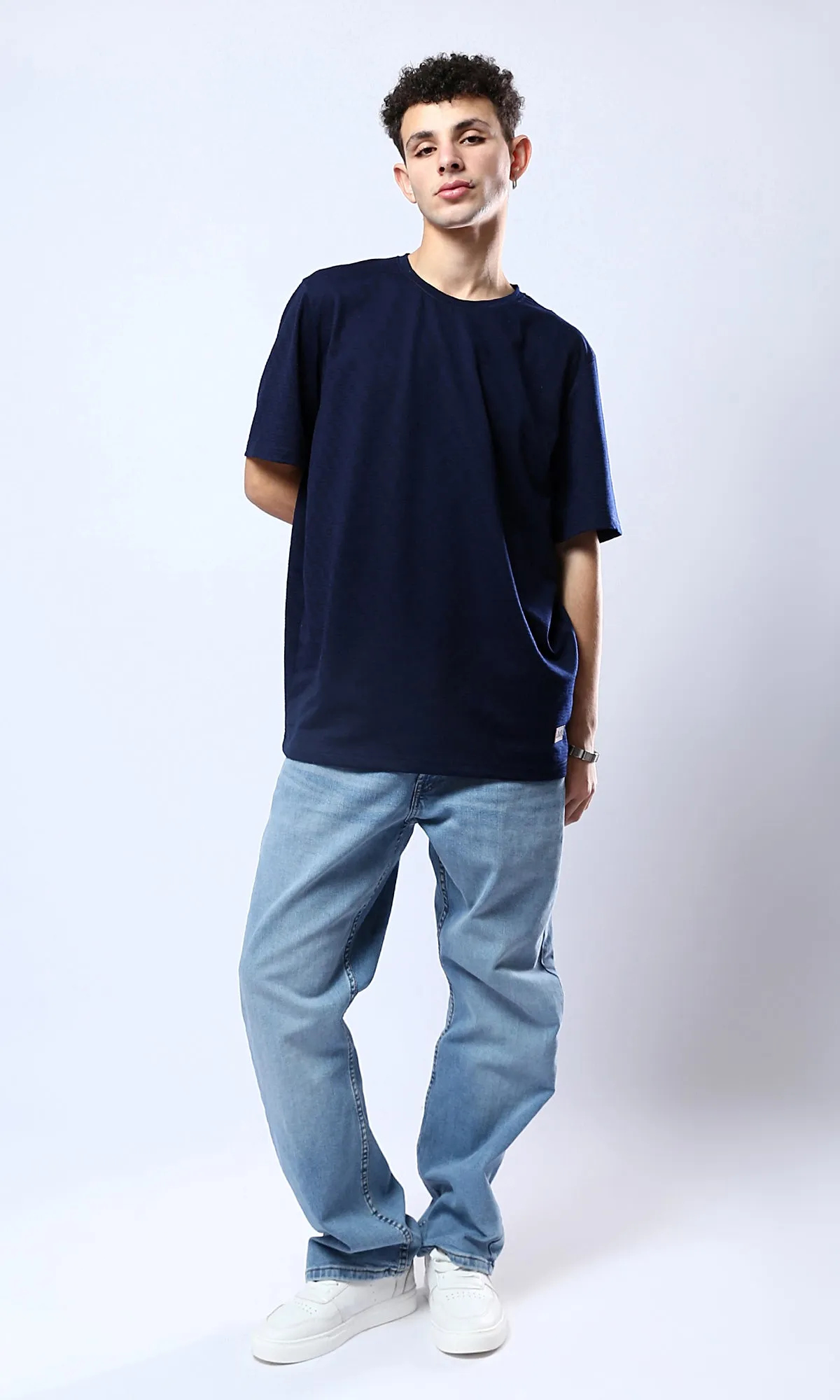 O180764 Elbow-Sleeves Crew Neck Navy Blue Tee