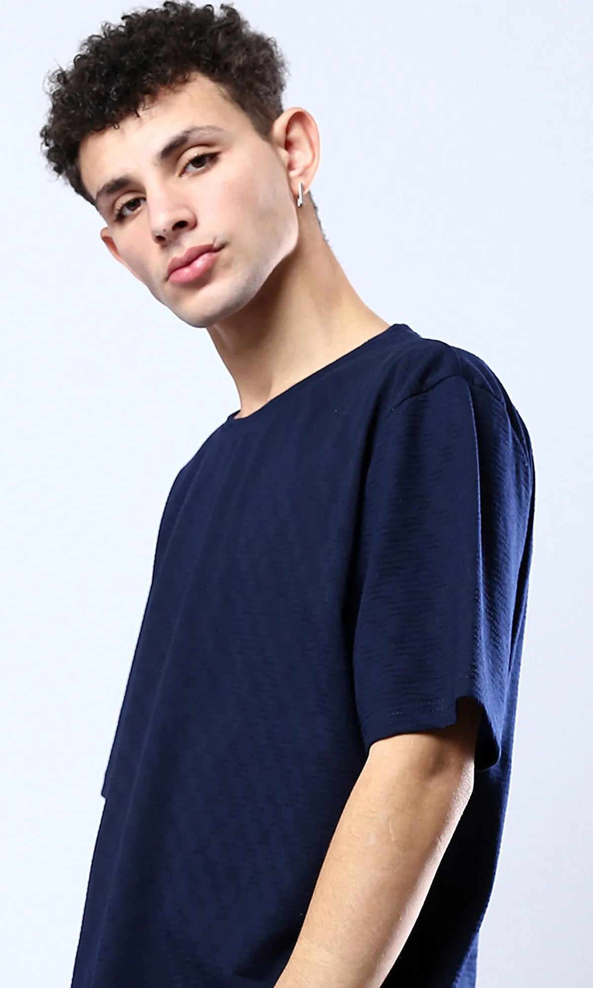 O180764 Elbow-Sleeves Crew Neck Navy Blue Tee