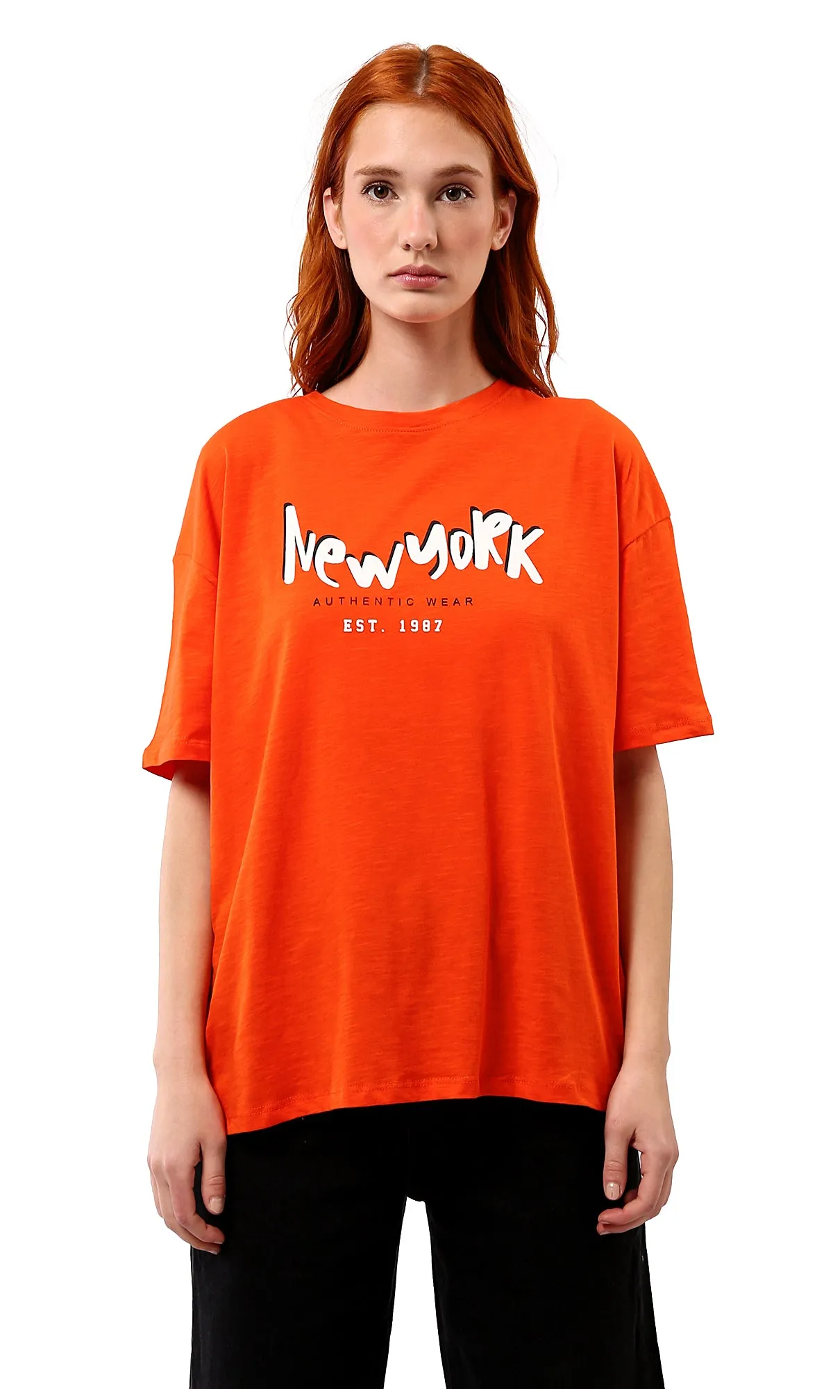 O180440 Hot Orange Printed New York Slip On Tee