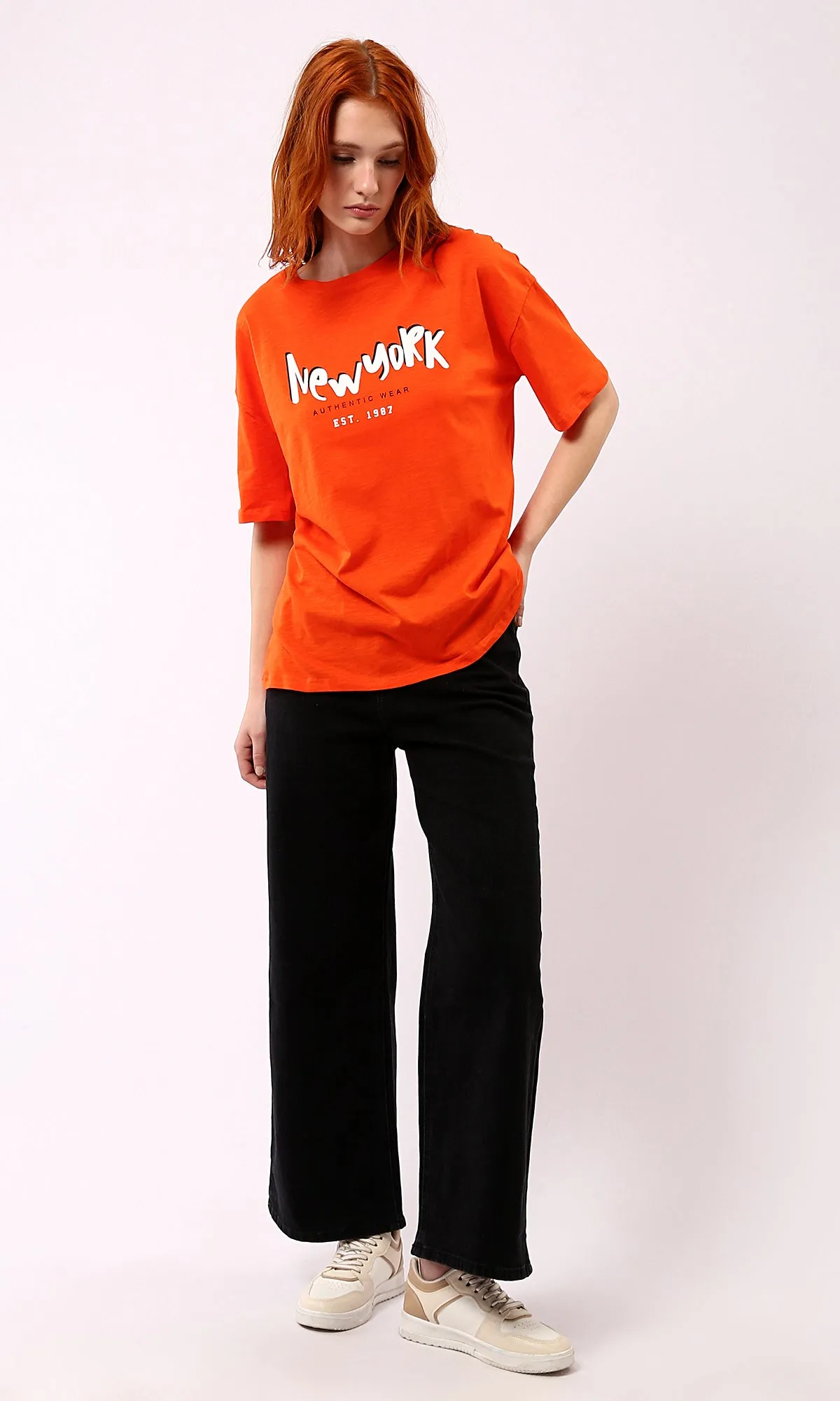 O180440 Hot Orange Printed New York Slip On Tee