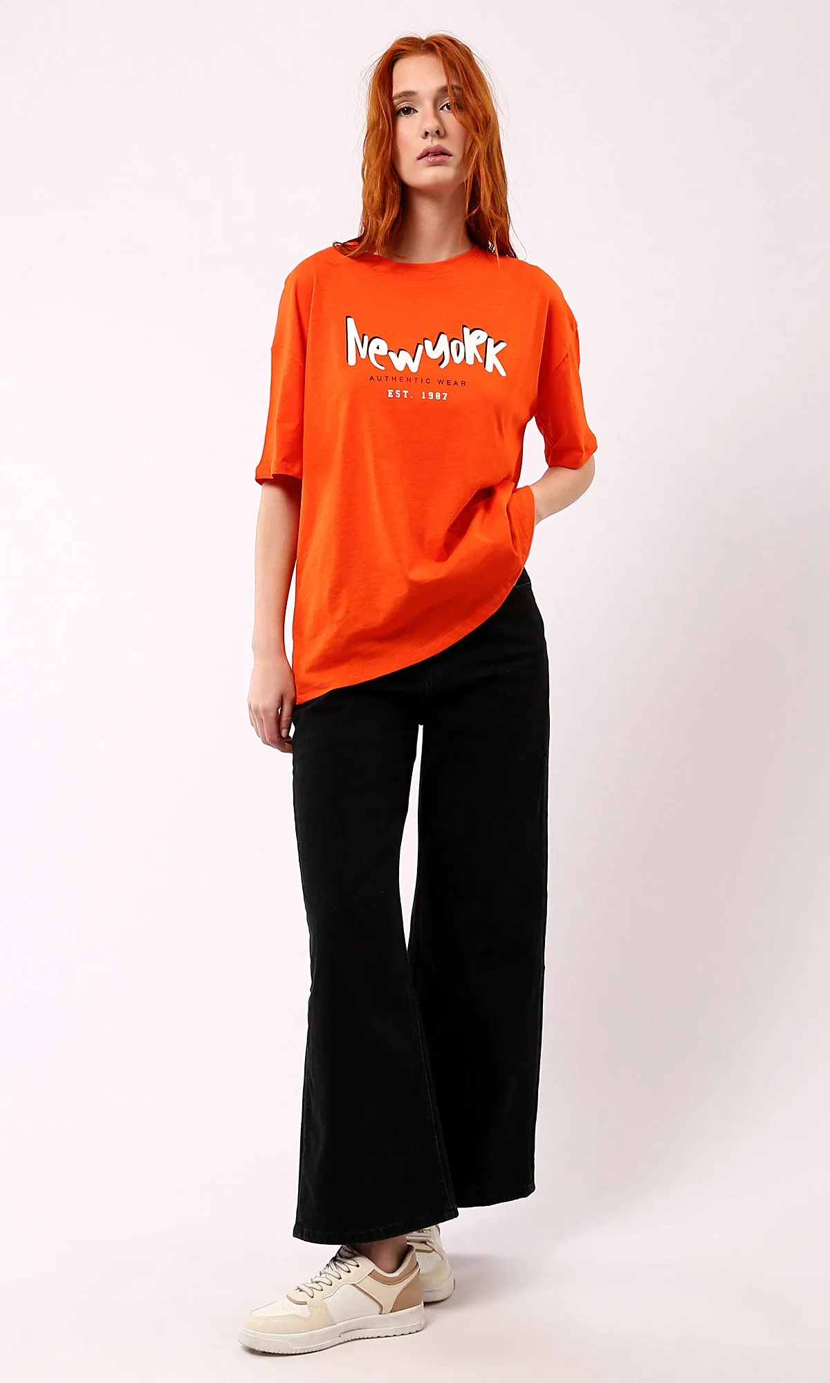 O180440 Hot Orange Printed New York Slip On Tee