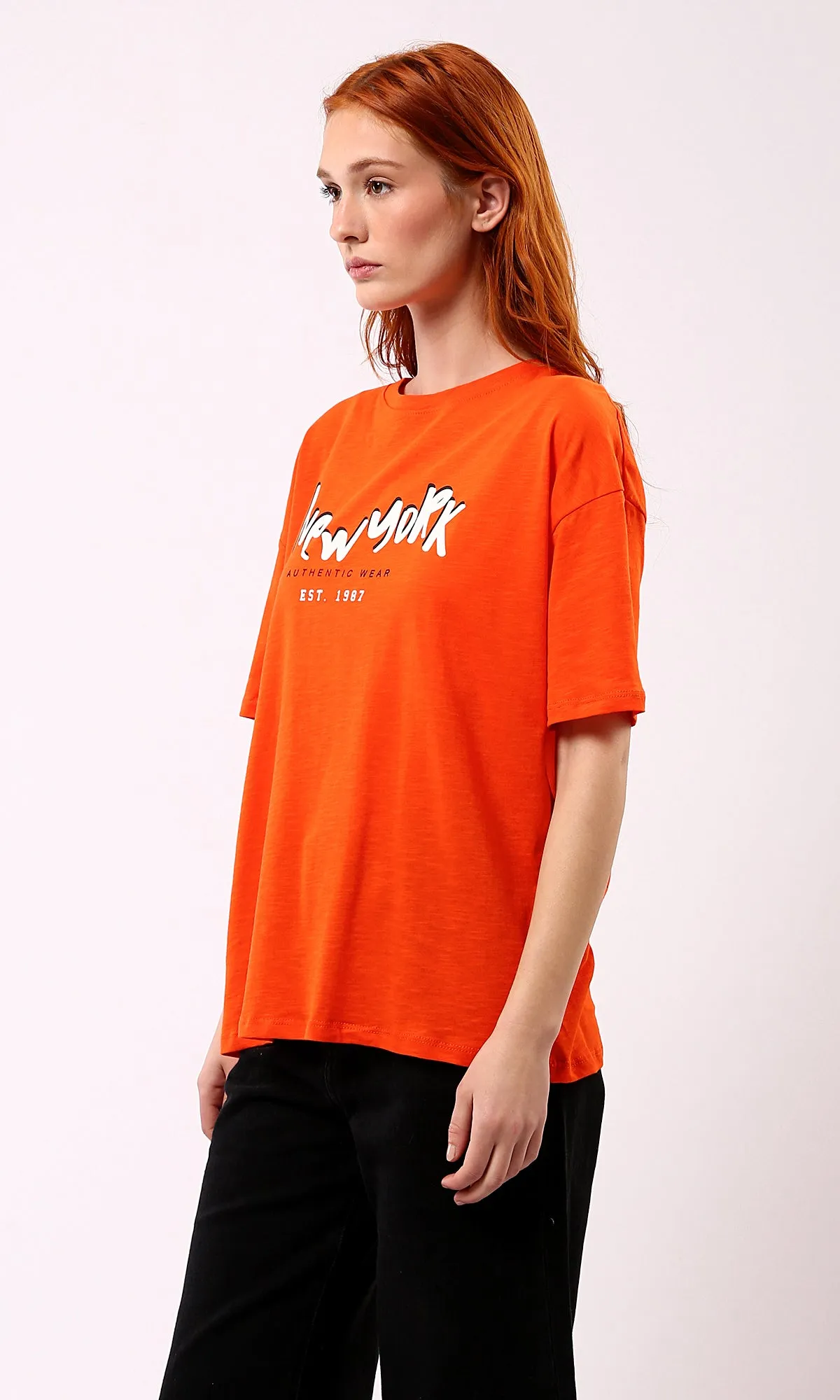 O180440 Hot Orange Printed New York Slip On Tee