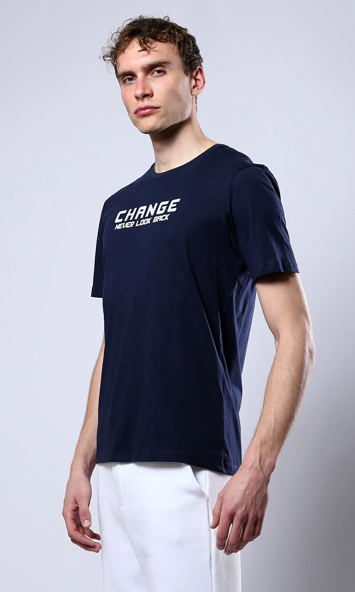 O179019 Short Sleeves Printed Change Navy Blue Tee