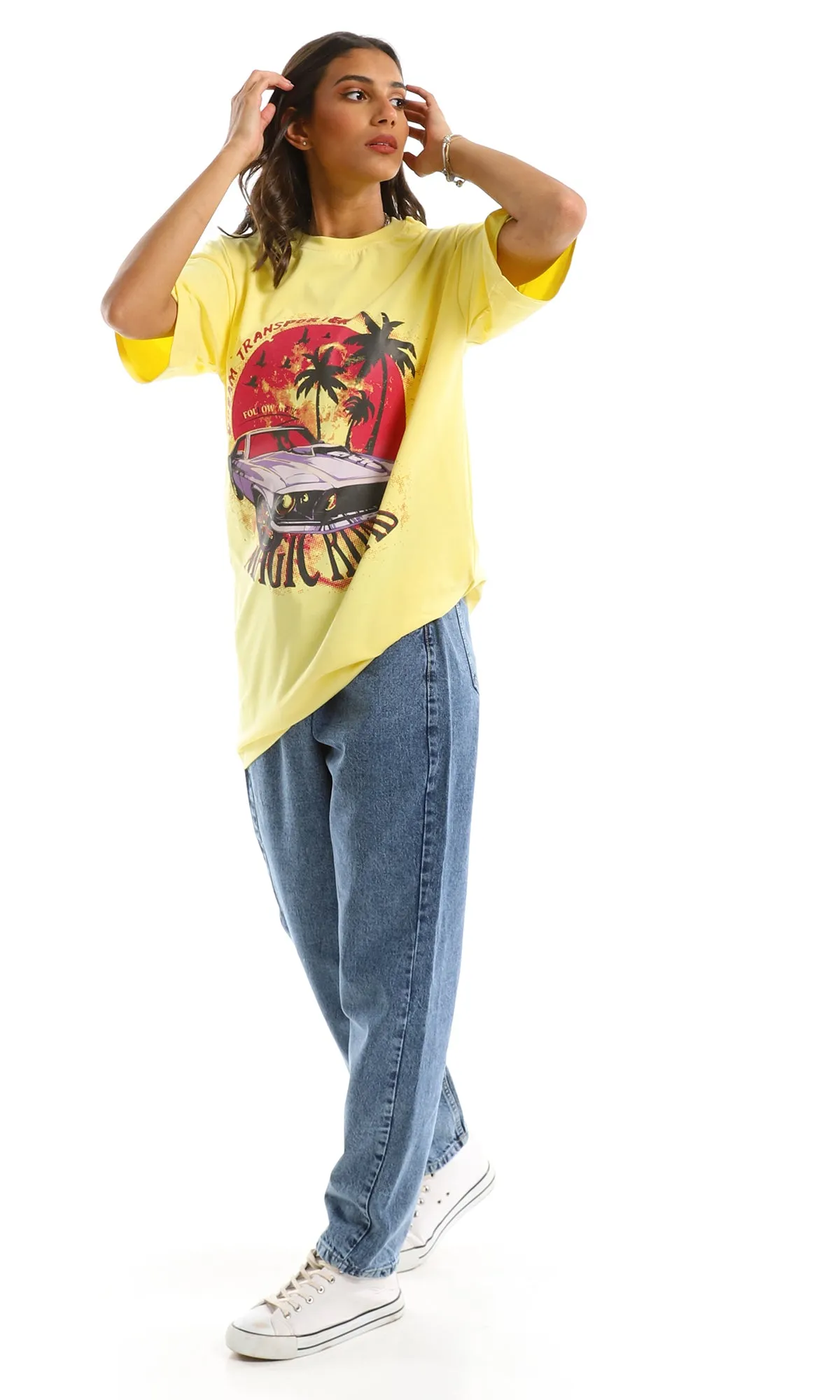 97597 Dream Transporter Printed Oversized Summer Tee - Yellow