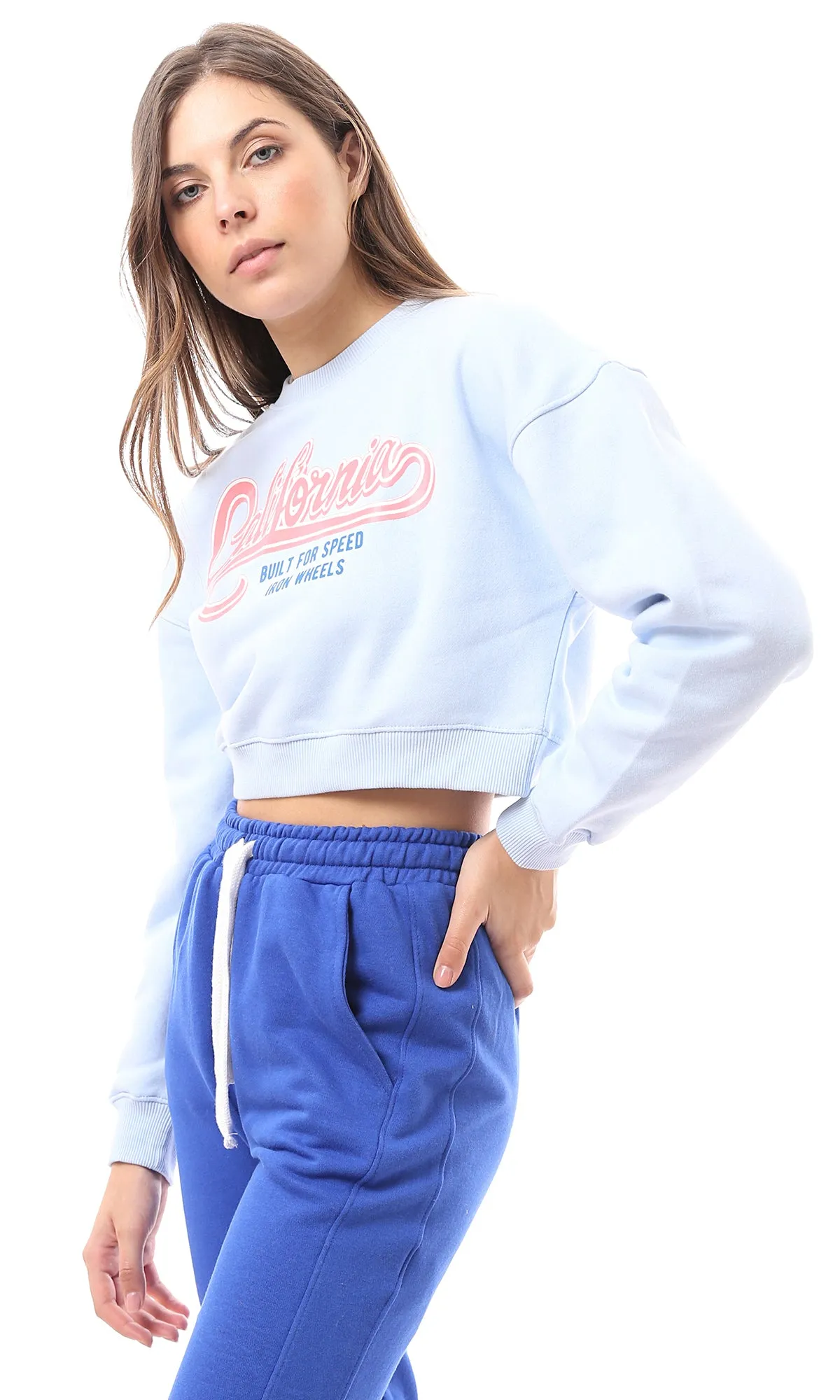 O174476 Light Blue Printed California Cropped Sweatshirt