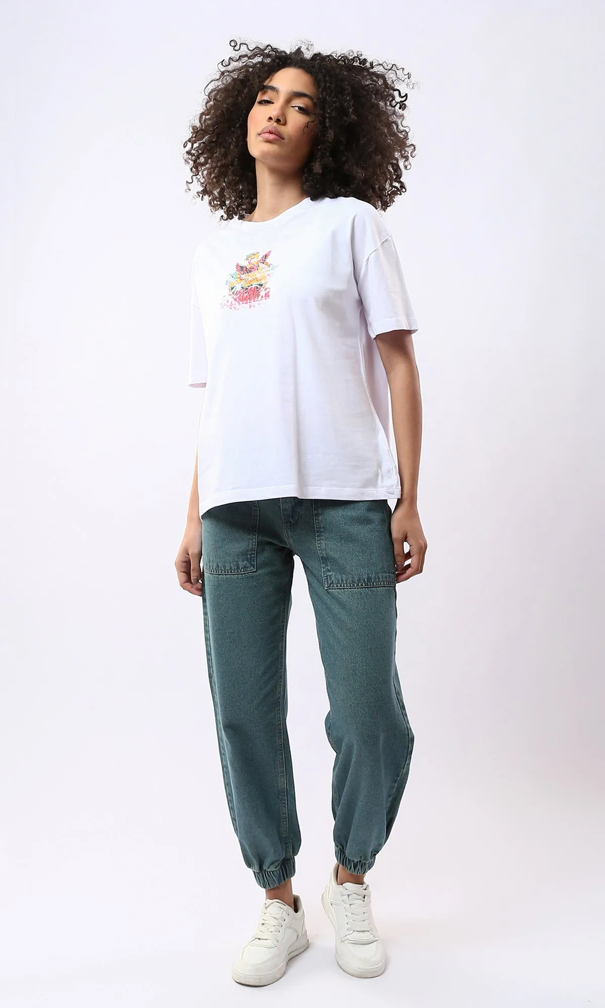 O177965 Solid Mom-Fit Greenish Blue Casual Jeans