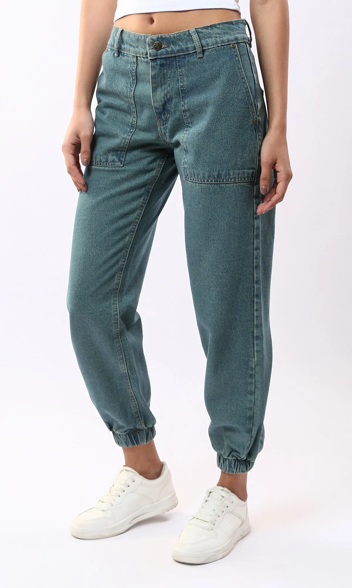 O177965 Solid Mom-Fit Greenish Blue Casual Jeans