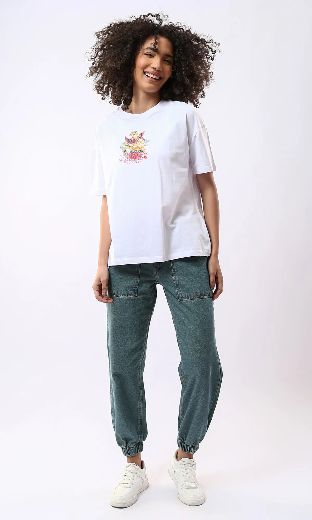 O177965 Solid Mom-Fit Greenish Blue Casual Jeans