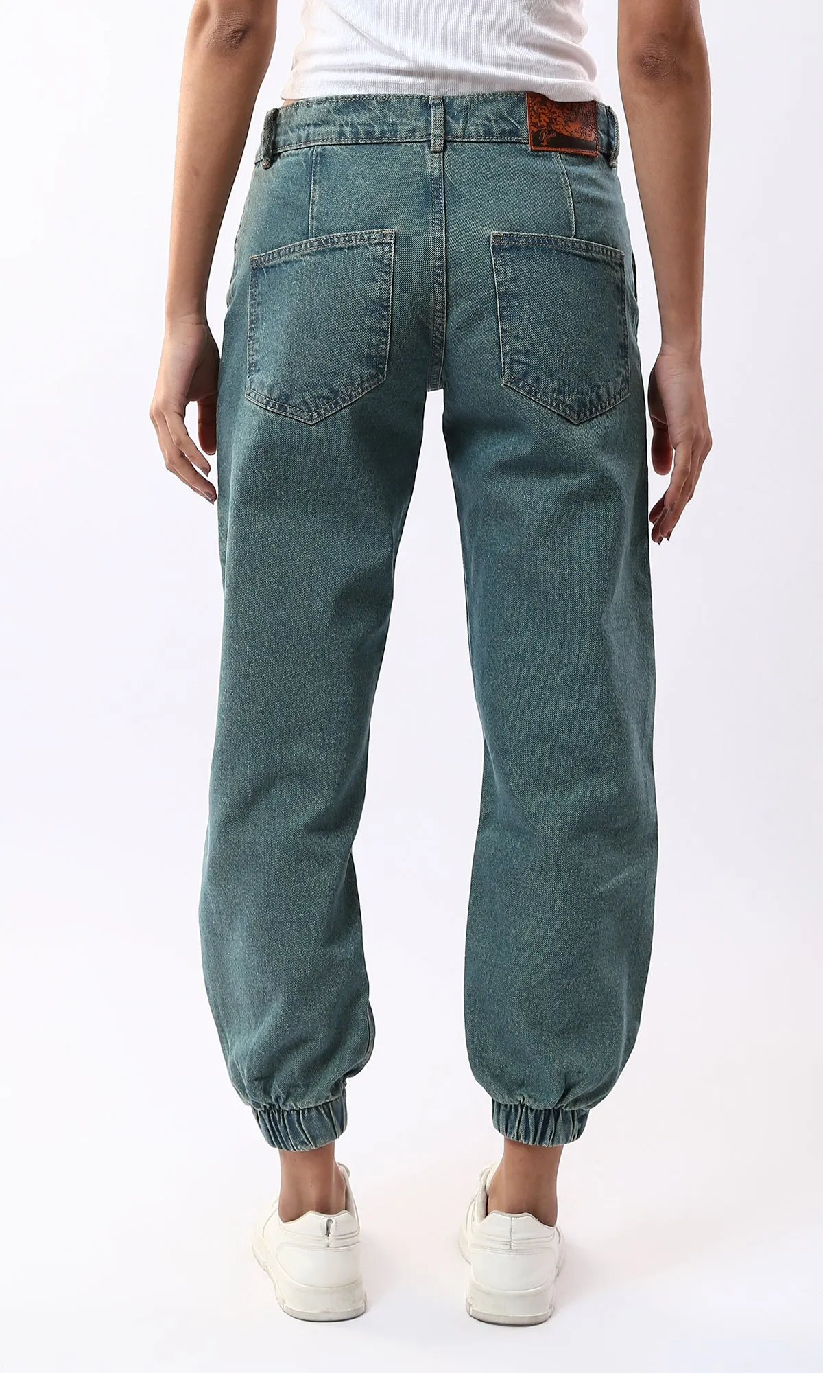 O177965 Solid Mom-Fit Greenish Blue Casual Jeans