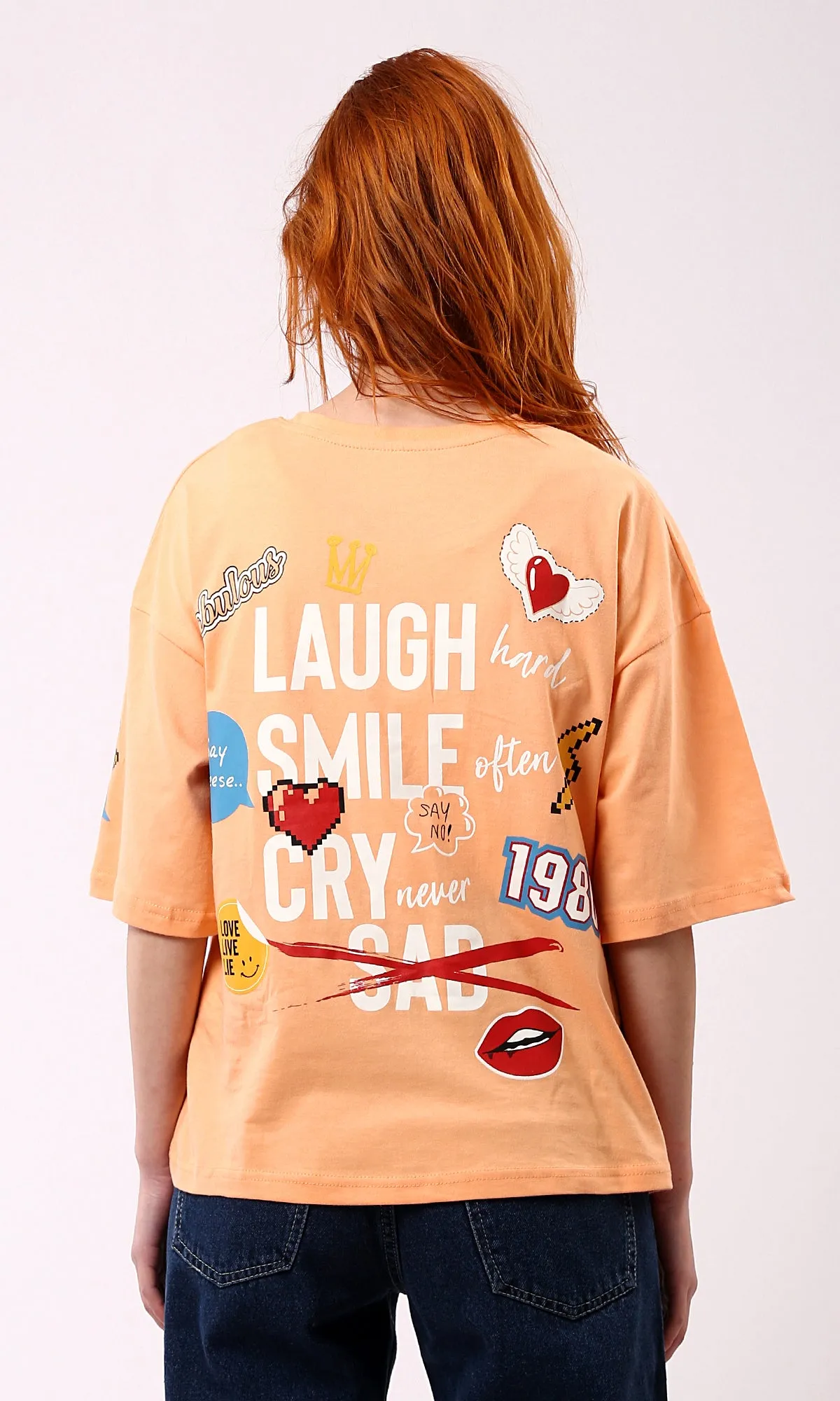 O180443 Crew Neck Light Orange Printed Summer Tee