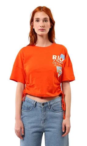 O180444 Casual Printed Short Tee With Side Drawstring - Hot Orange