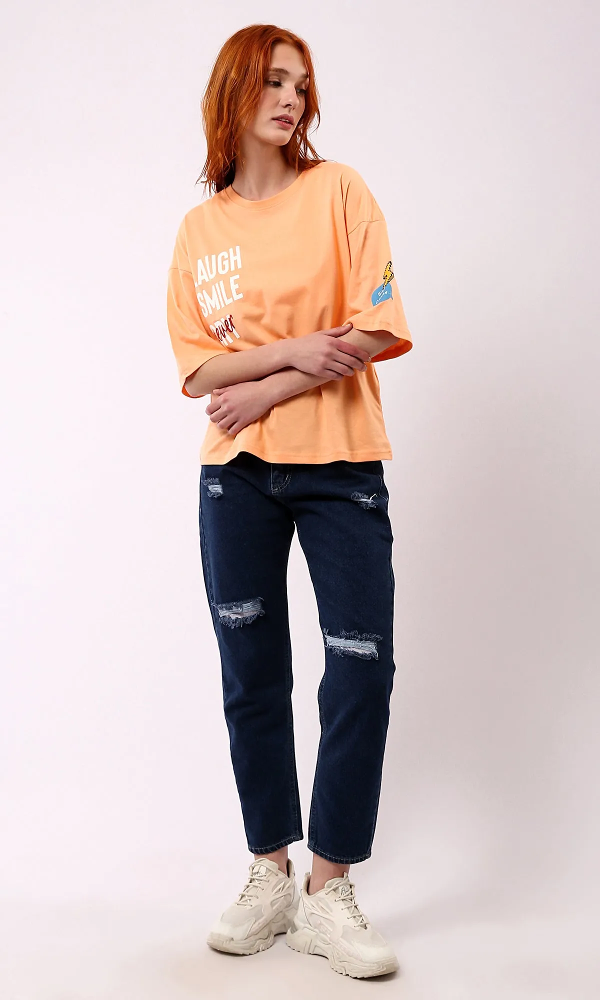 O180443 Crew Neck Light Orange Printed Summer Tee