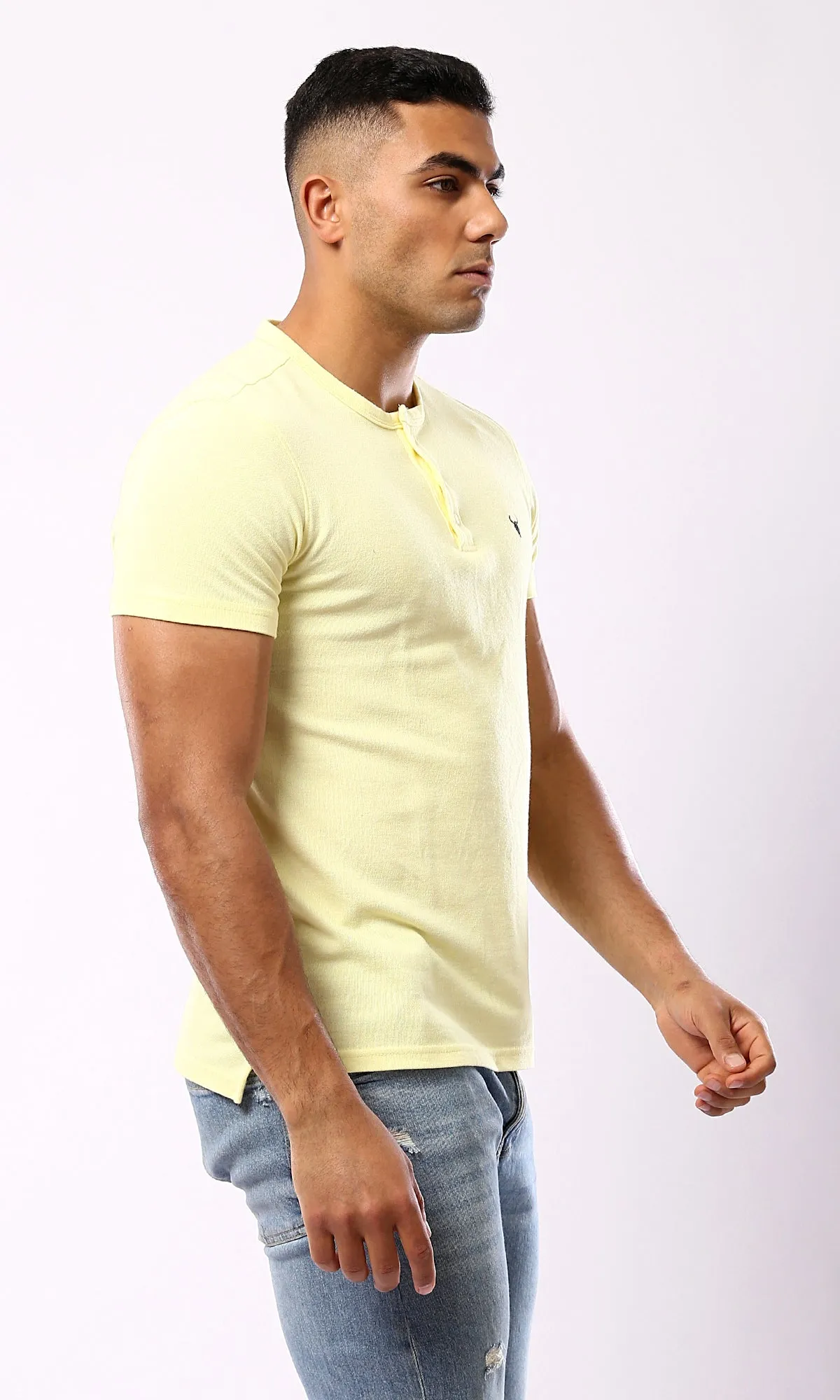 O180823 Light Yellow Regular Fit Solid Henley Shirt