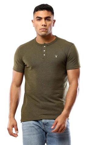 O181701 Round Neck With Buttons Heather Olive Henley Shirt