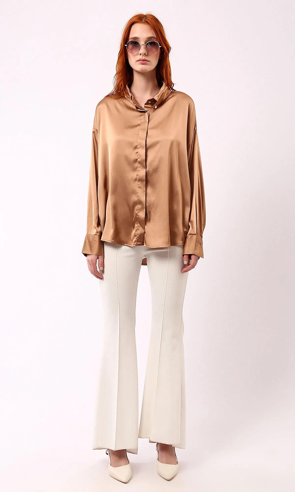 O181651 Shiny Copper Long Sleeves Solid Evening Shirt