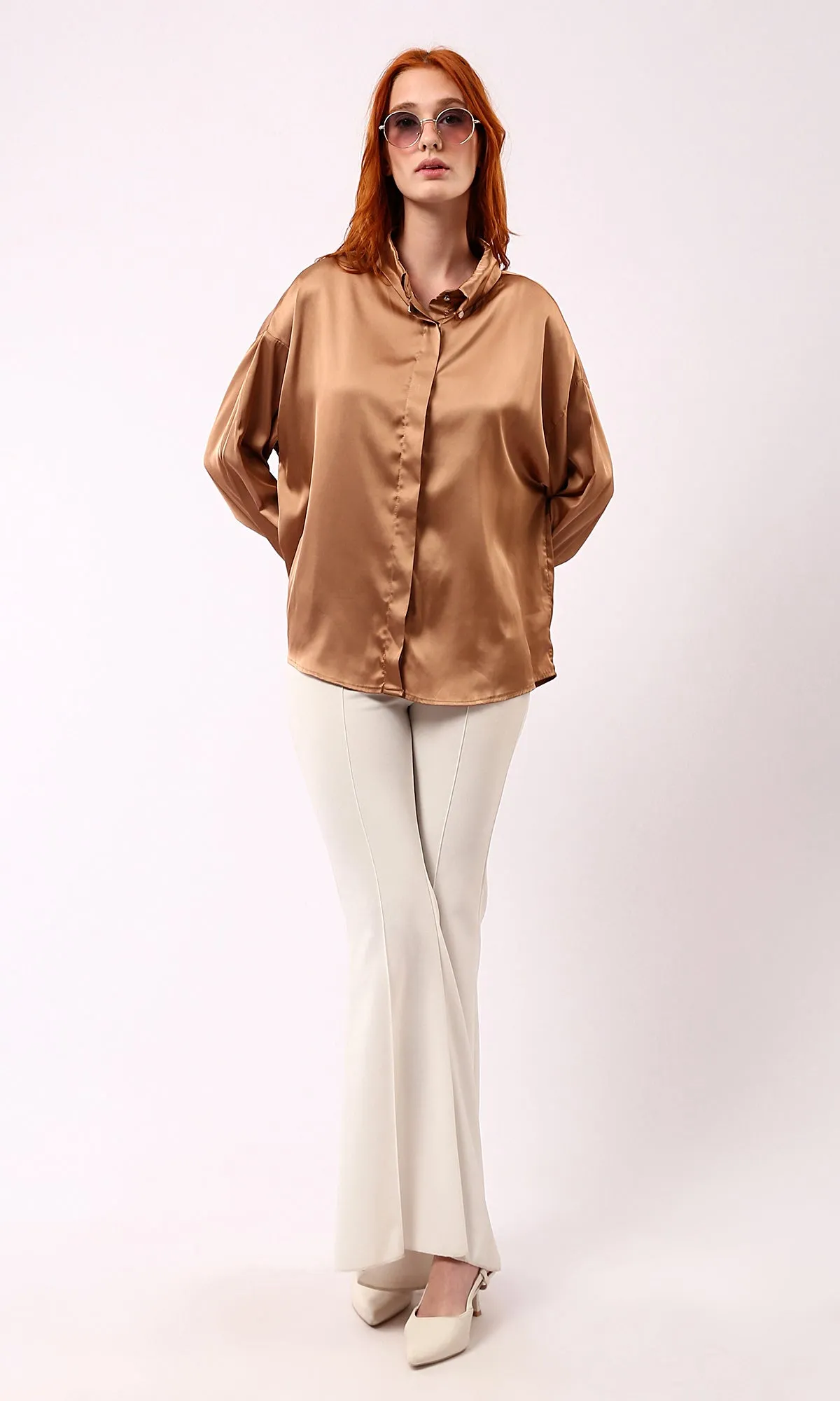 O181651 Shiny Copper Long Sleeves Solid Evening Shirt