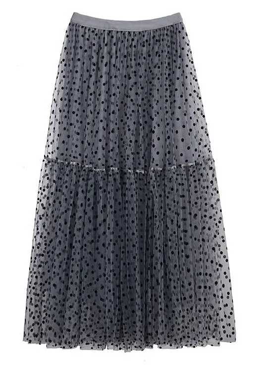 Dark Gray Dot Pleated Tulle Skirt High Waist Summer AS1045