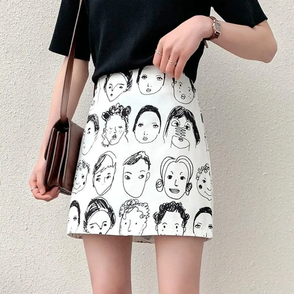 Retro Comic Print High Waist Wild A Line Skirt