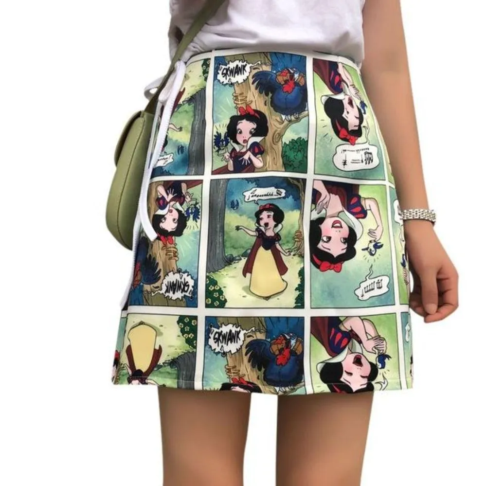 Retro Comic Print High Waist Wild A Line Skirt