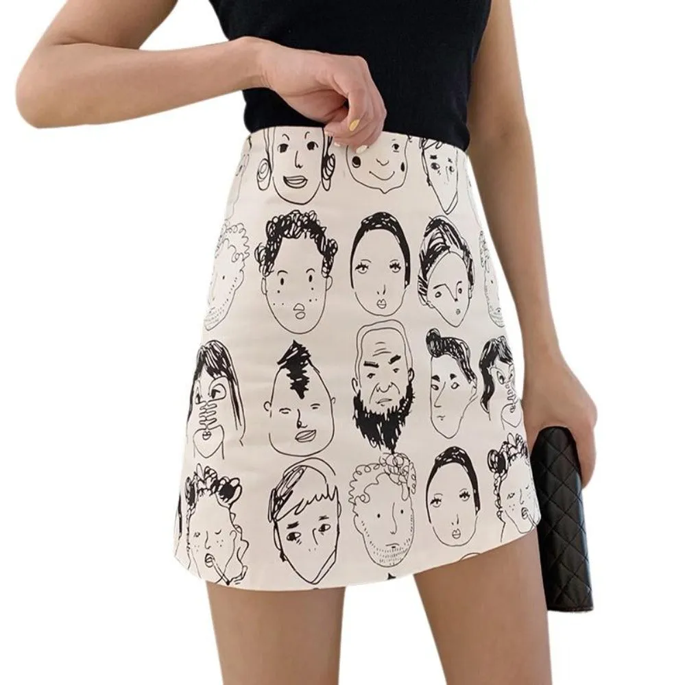 Retro Comic Print High Waist Wild A Line Skirt