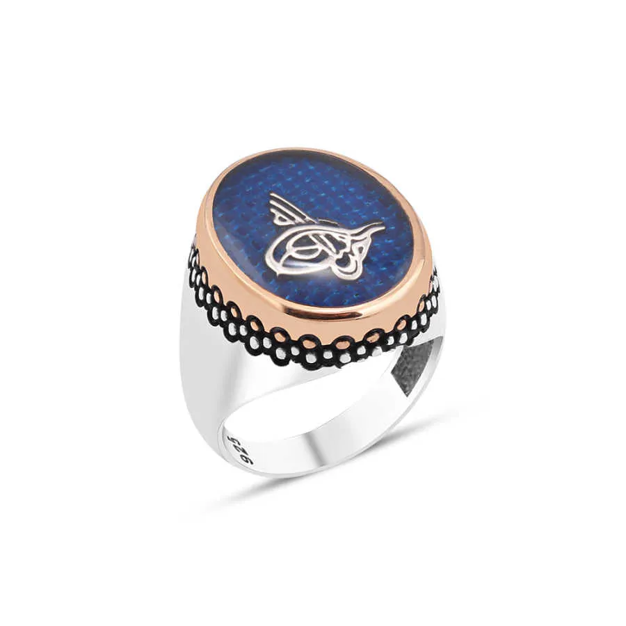 Ottoman Tughra on Blue Carbon Ellipse Silver Men's Ring with Pointed Top Pattern