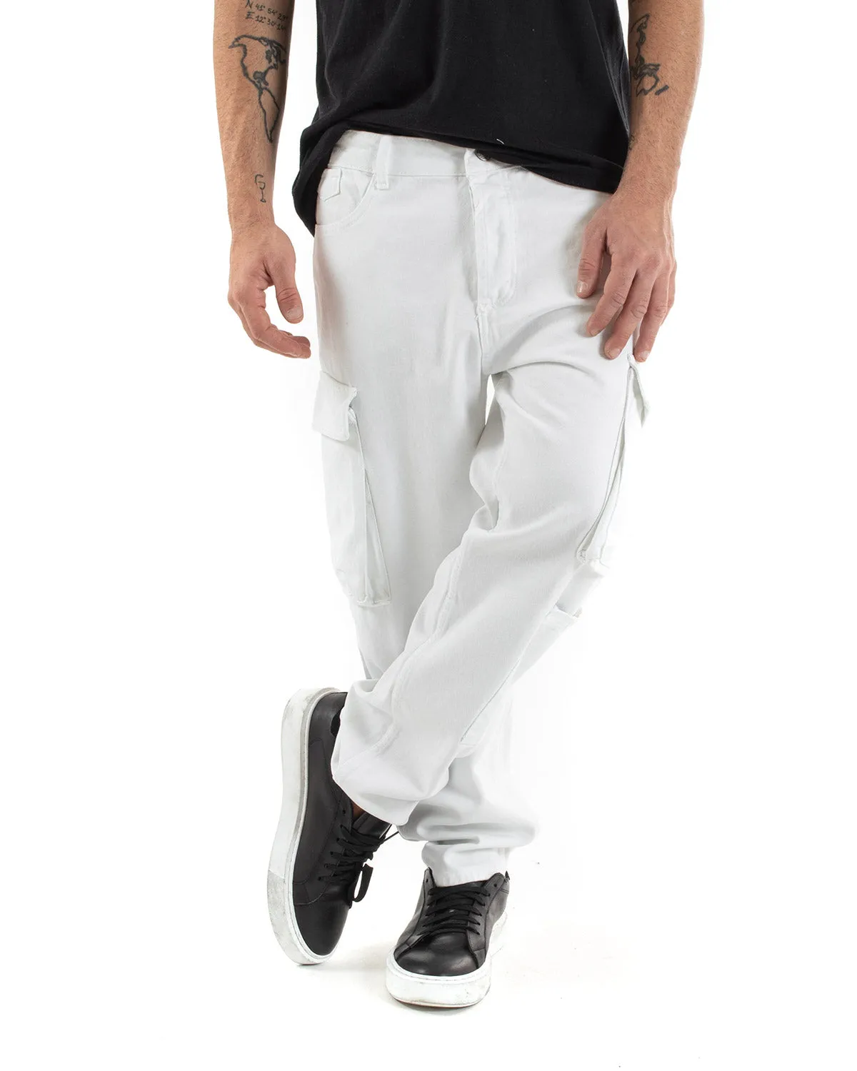 Pantaloni Jeans Uomo Straight Fit Cargo Bianco Cinque Tasche Casual GIOSAL-P5551A