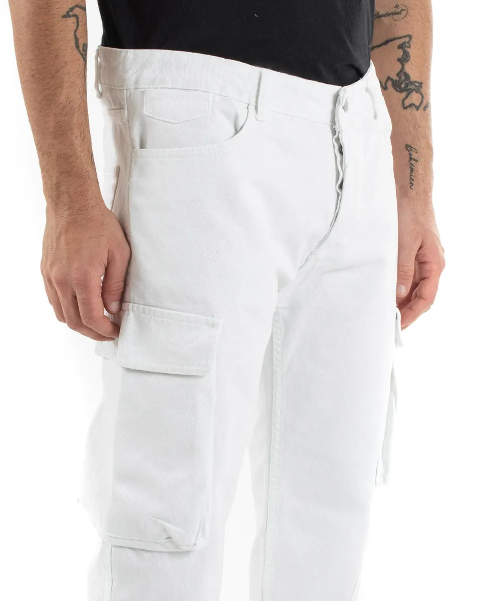 Pantaloni Jeans Uomo Straight Fit Cargo Bianco Cinque Tasche Casual GIOSAL-P5551A