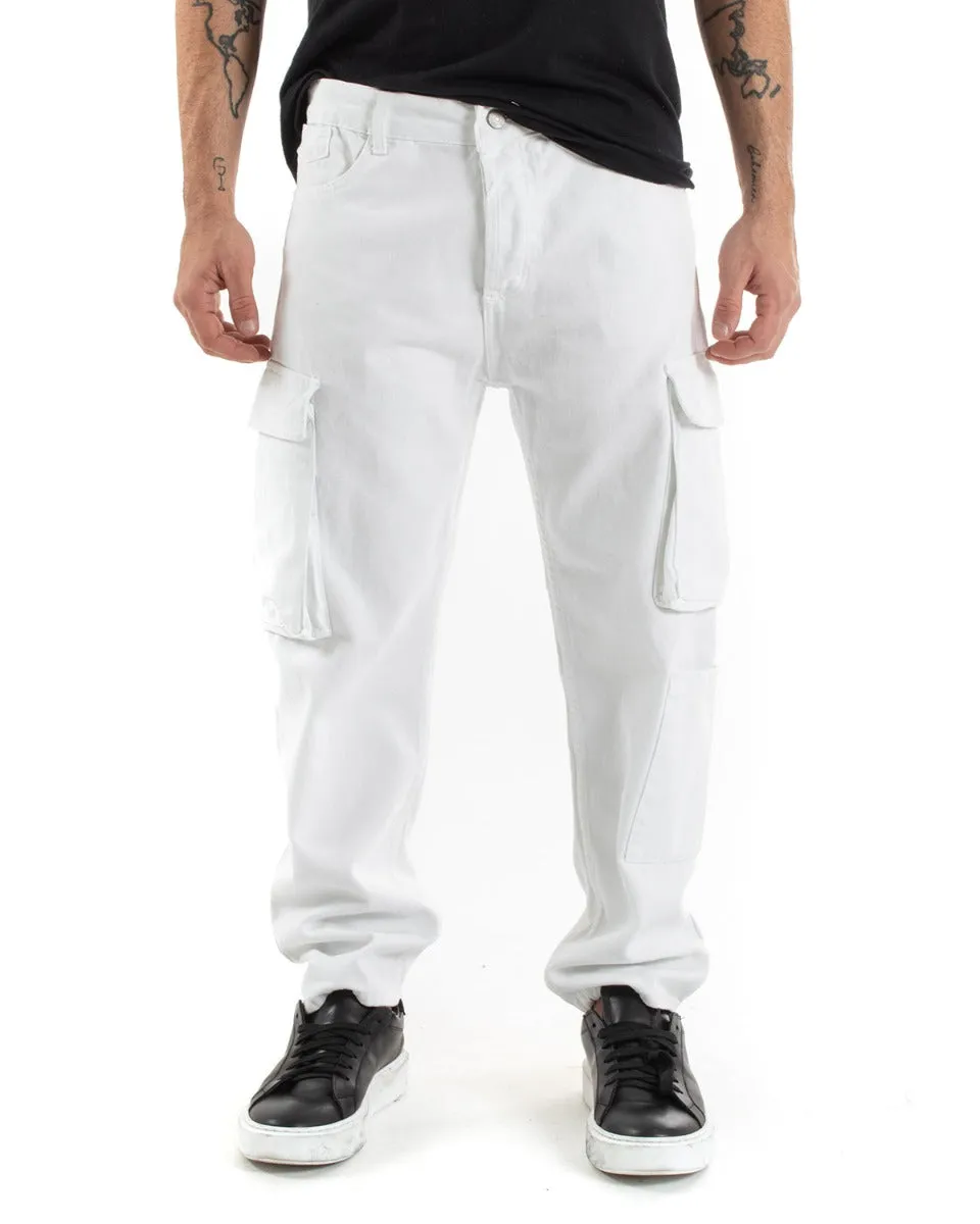 Pantaloni Jeans Uomo Straight Fit Cargo Bianco Cinque Tasche Casual GIOSAL-P5551A