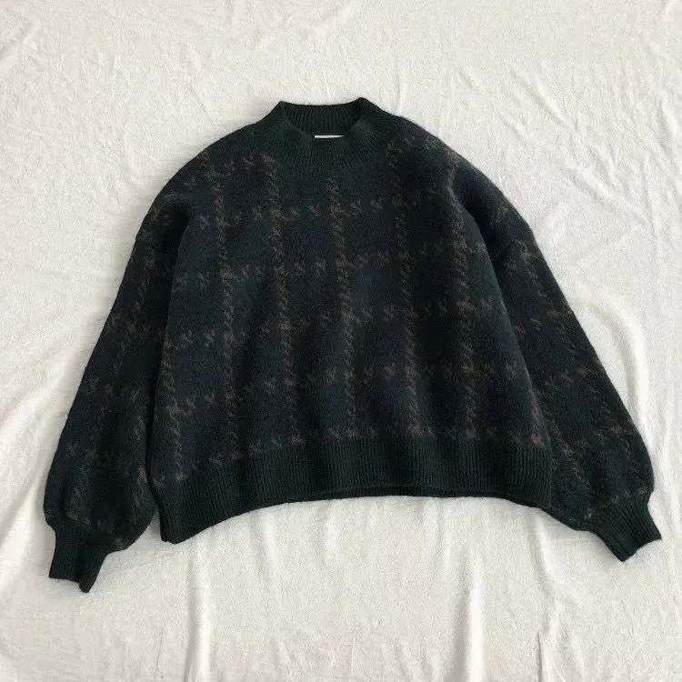 Vintage Houndstooth Thick Women's Sweater Loose Knit Woman Sweaters Autumn