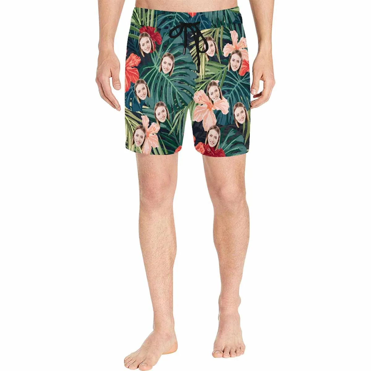 Personalized Swim Trunks Custom Face Leaves&Flowers Men's Quick Dry Swim Shorts Beach Swimsuit