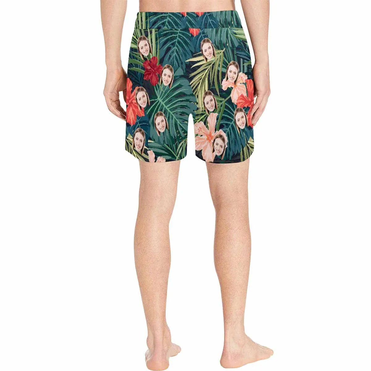 Personalized Swim Trunks Custom Face Leaves&Flowers Men's Quick Dry Swim Shorts Beach Swimsuit