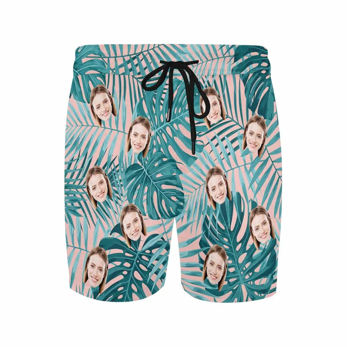 Personalized Swim Trunks Custom Face Green Leaves Men's Quick Dry Swim Shorts Beach Swimsuit