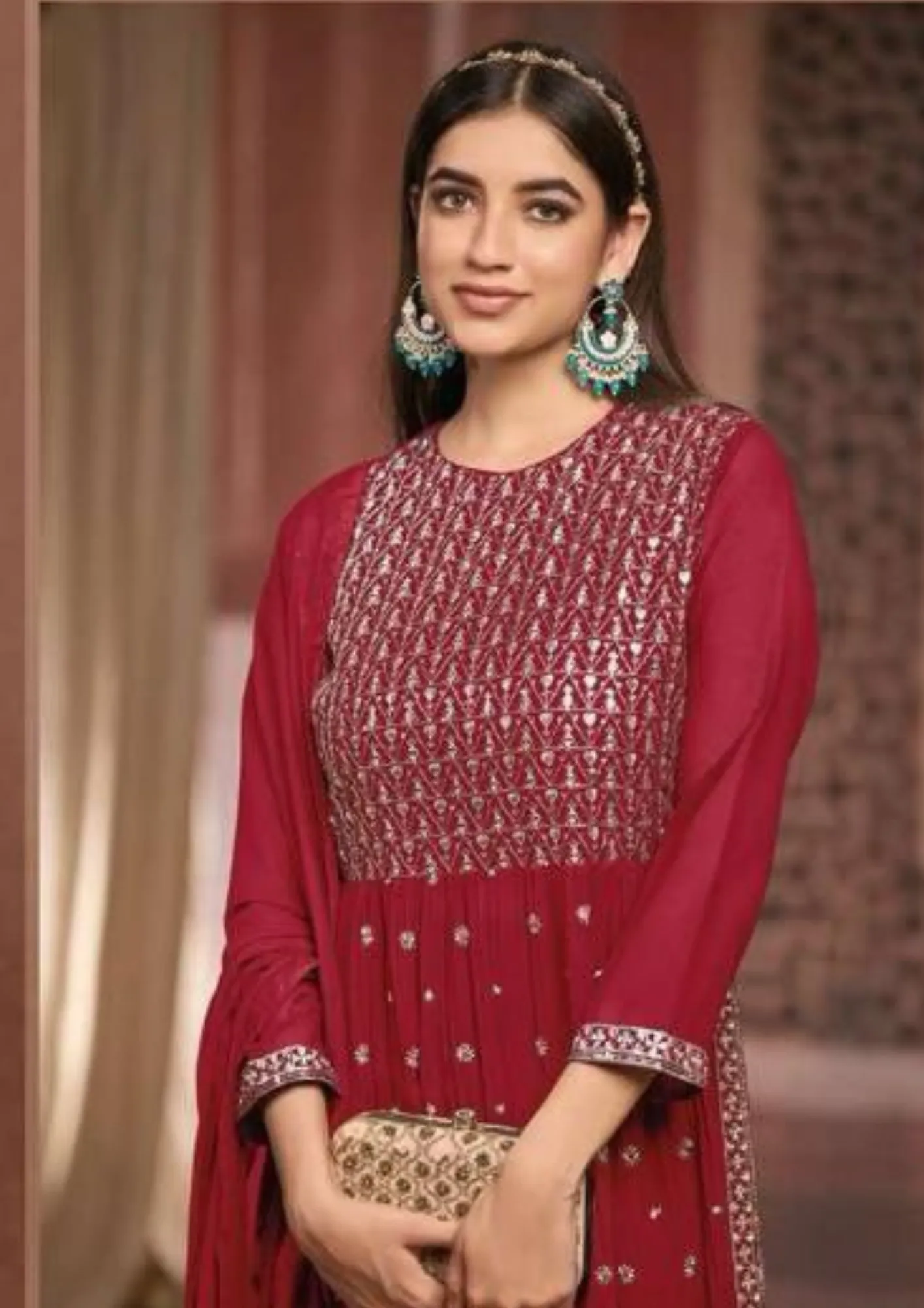 Red Georgette Embroidered Party-Wear Designer Palazzo Suits For Women